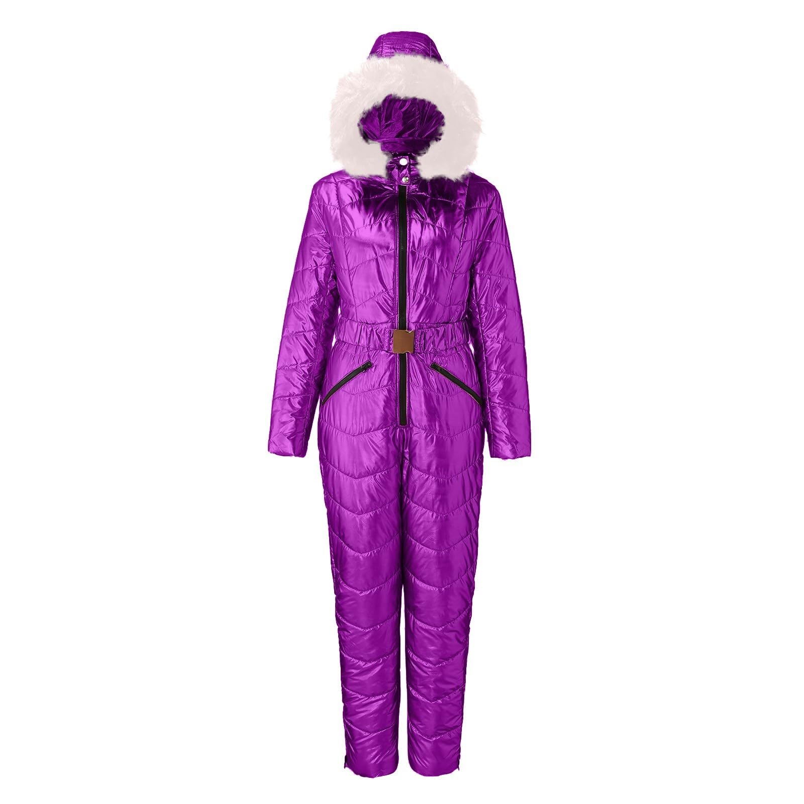 Glänzender Damen-Ski-Jumpsuit, gesteppter Ski-Jumpsuit, wasserdicht und vielseitig, bequemer und isolierter Schneeanzug, verdickt, einfarbig, einteilige Skibekleidung für Skifahren und Sport