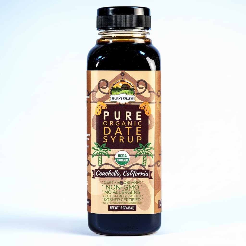 - Coachella California Pure Organic Date Syrup By Julian's Valleys, 16 Ounce Squeeze Flip Cap, Gluten-free, Vegan, GMO-Free, Kosher