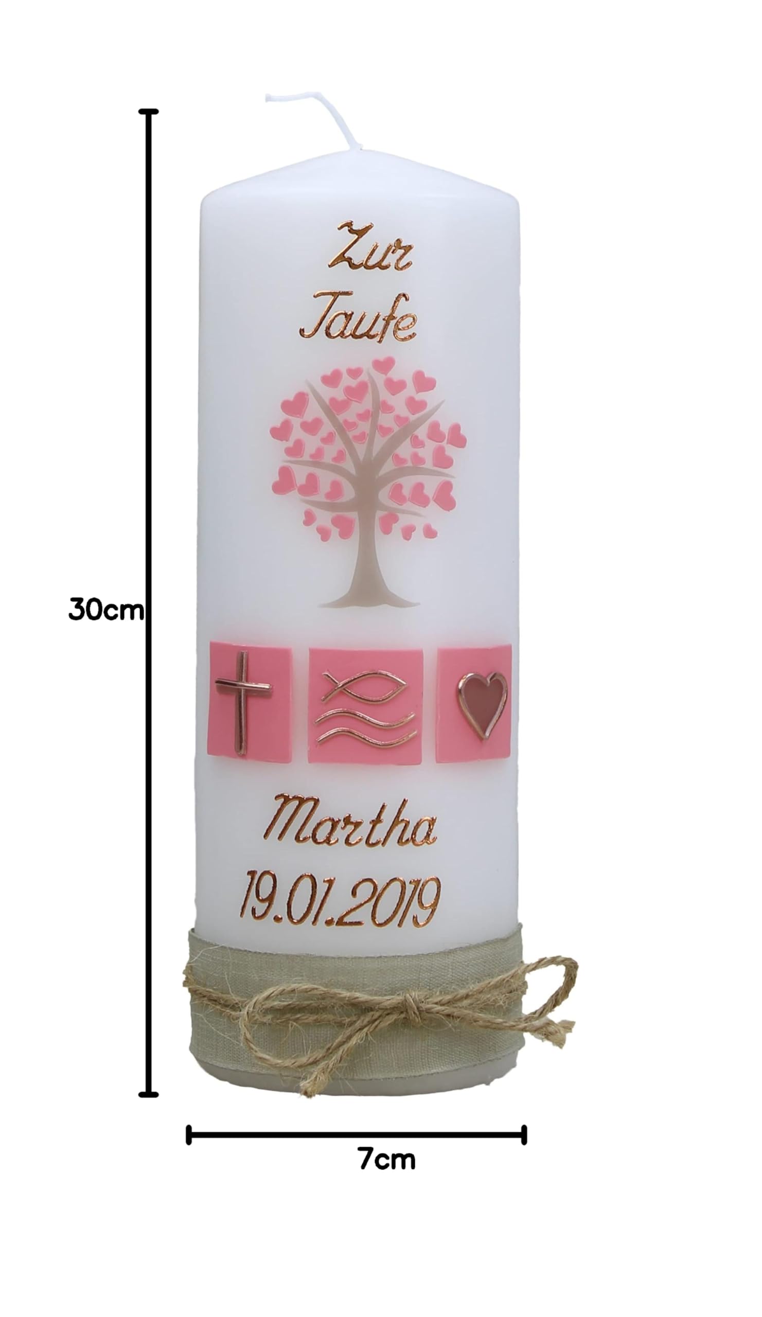 Taufkerze Martha Junge oder Mädchen mit Name und Datum, individuell und handverziert 1293, Größe:ca. 30x7 cm