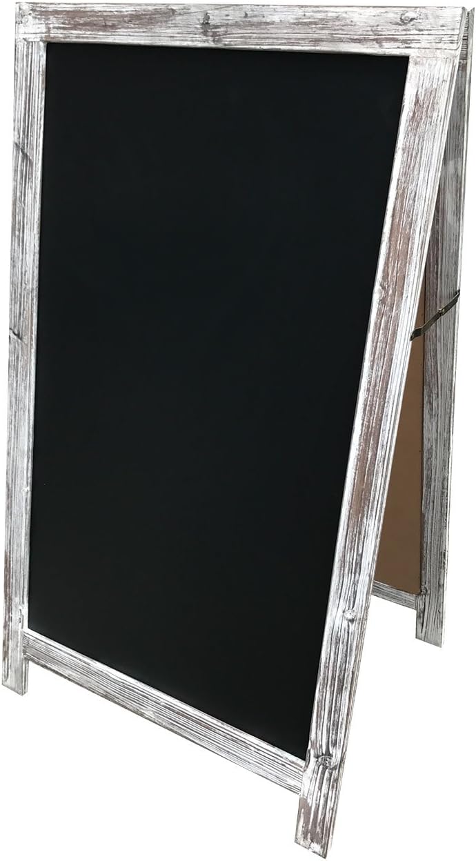 A-Frame Sidewalk Chalkboard, Rustic White Wood, Porcelain Magnetic Steel Surface, Large 42 in x 24 in