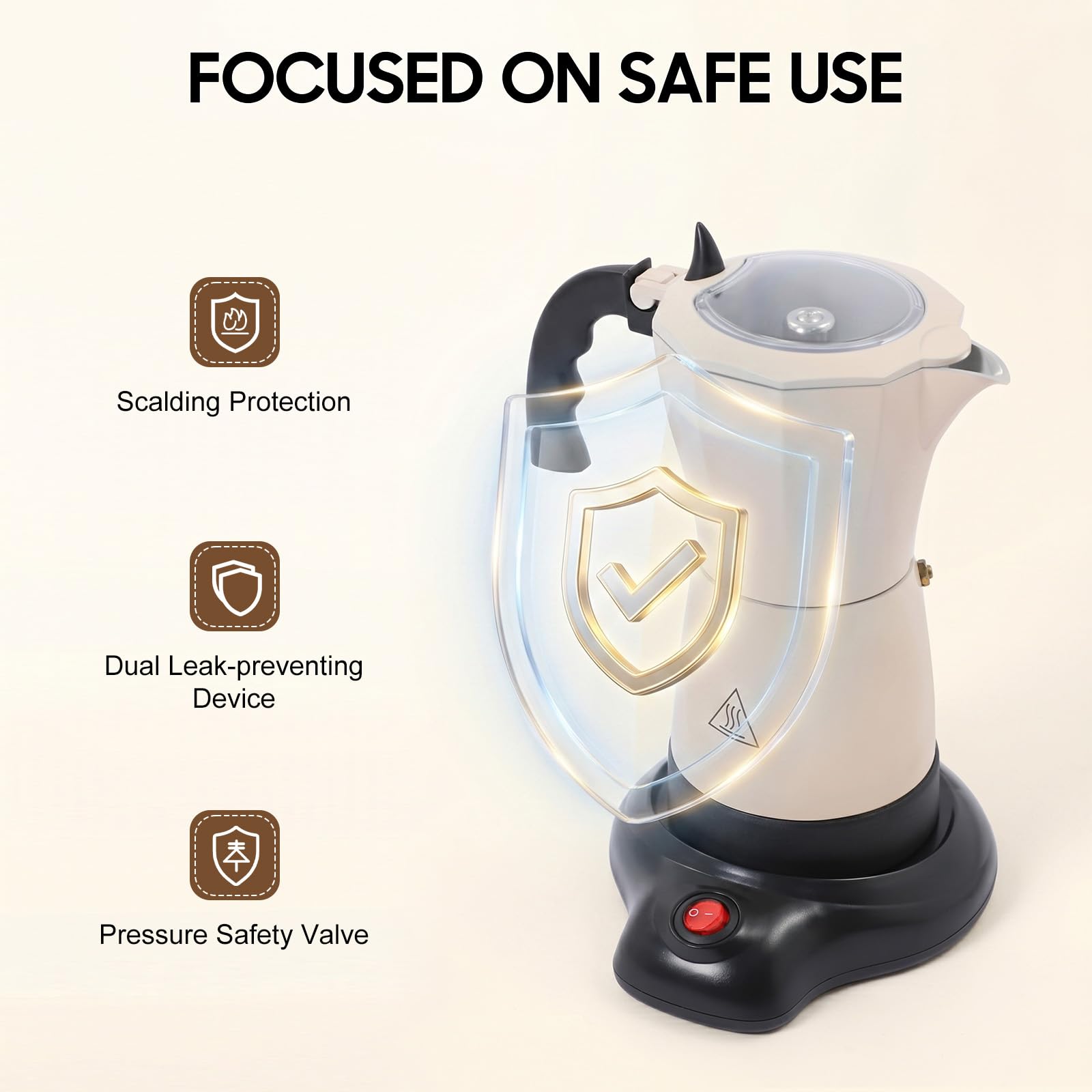 Cafetera eléctrica de 300 ml, cafetera espresso 6 tazas Italia Moka KanneOne-TouchVálvula de seguridad 360° Básica Portátil para el hogar Viaje, Blanco