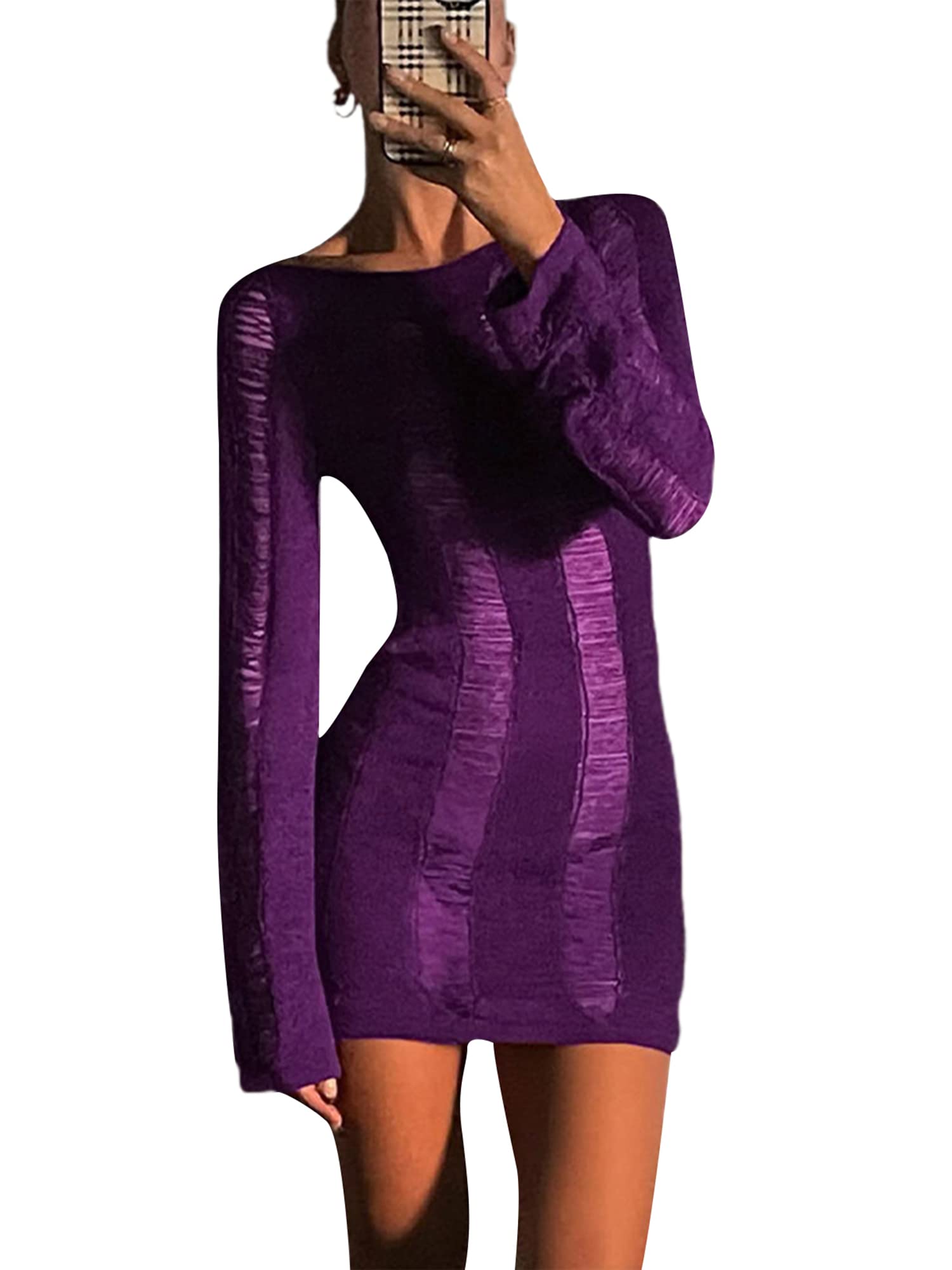 Acrawnni Women Y2K Hollow Out Dress Long Sleeve Round Neck Mesh Cut-Out Wrapped Mini Dress Clubwear Party Cocktail Clothes (A-Purple, L)