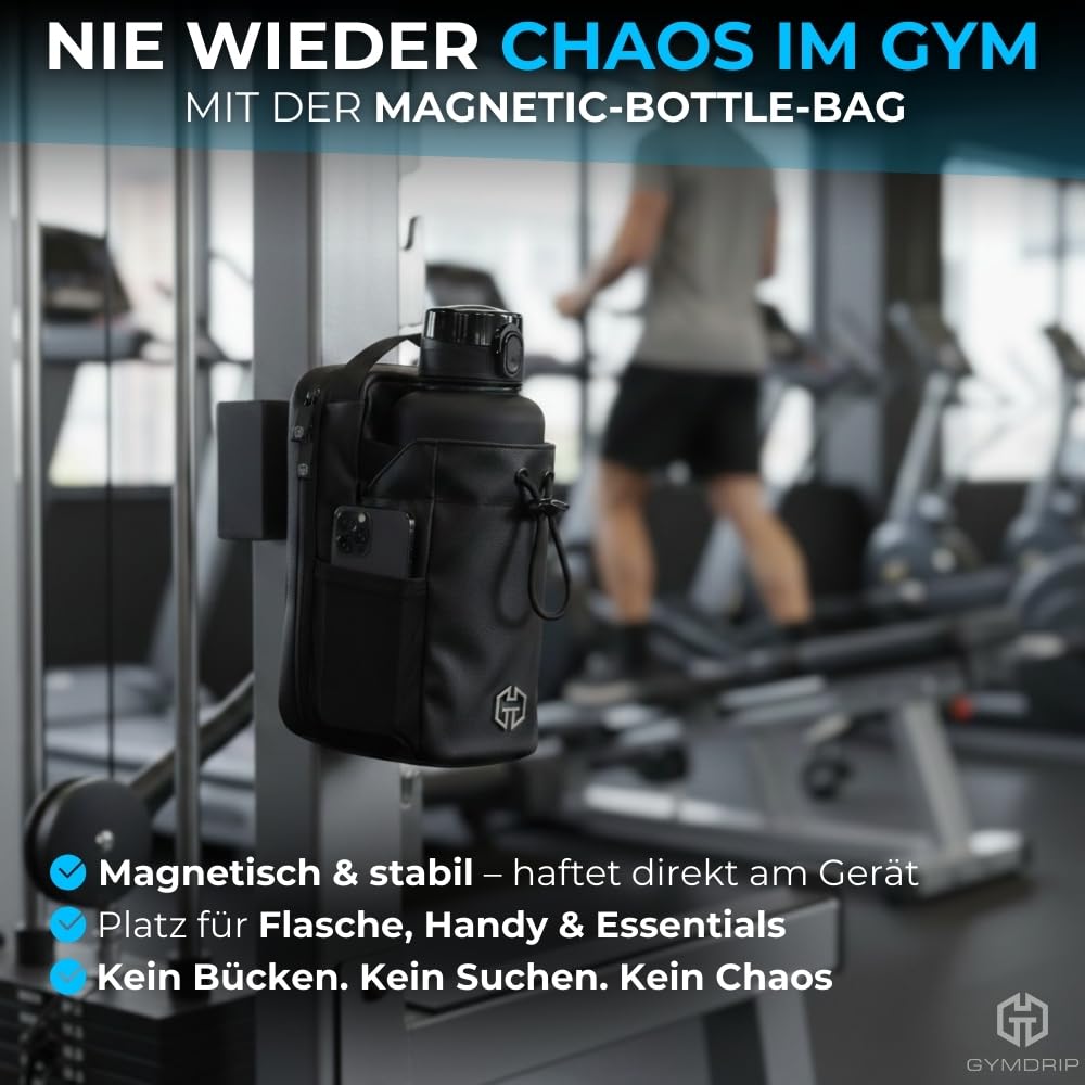 Magnetic-Bottle-Bag + 1,5L Premium Trinkflasche – Gym Bundle mit Flaschenhalter, Früchteeinsatz & Zubehörfach