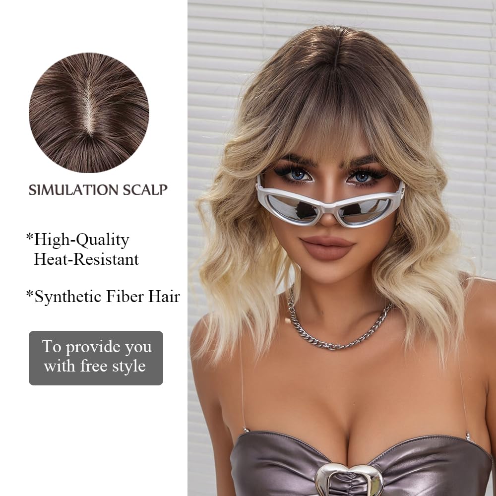 Ombre Blonde Perücken für Frauen Kurz Gewellt Perücke mit Pony Natürliches Synthetisches Haar Hitzebeständig Perücken für Tägliche Party Cosplay Tragen