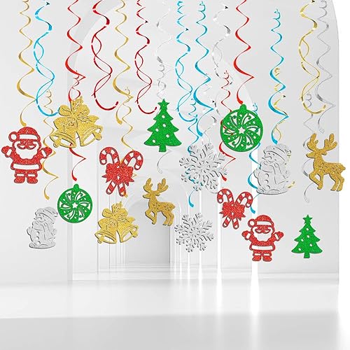 40 piezas de decoración de remolinos colgantes de Navidad, colgantes de techo con purpurina, copo de nieve, muñeco de nieve, campanas de alce, Papá