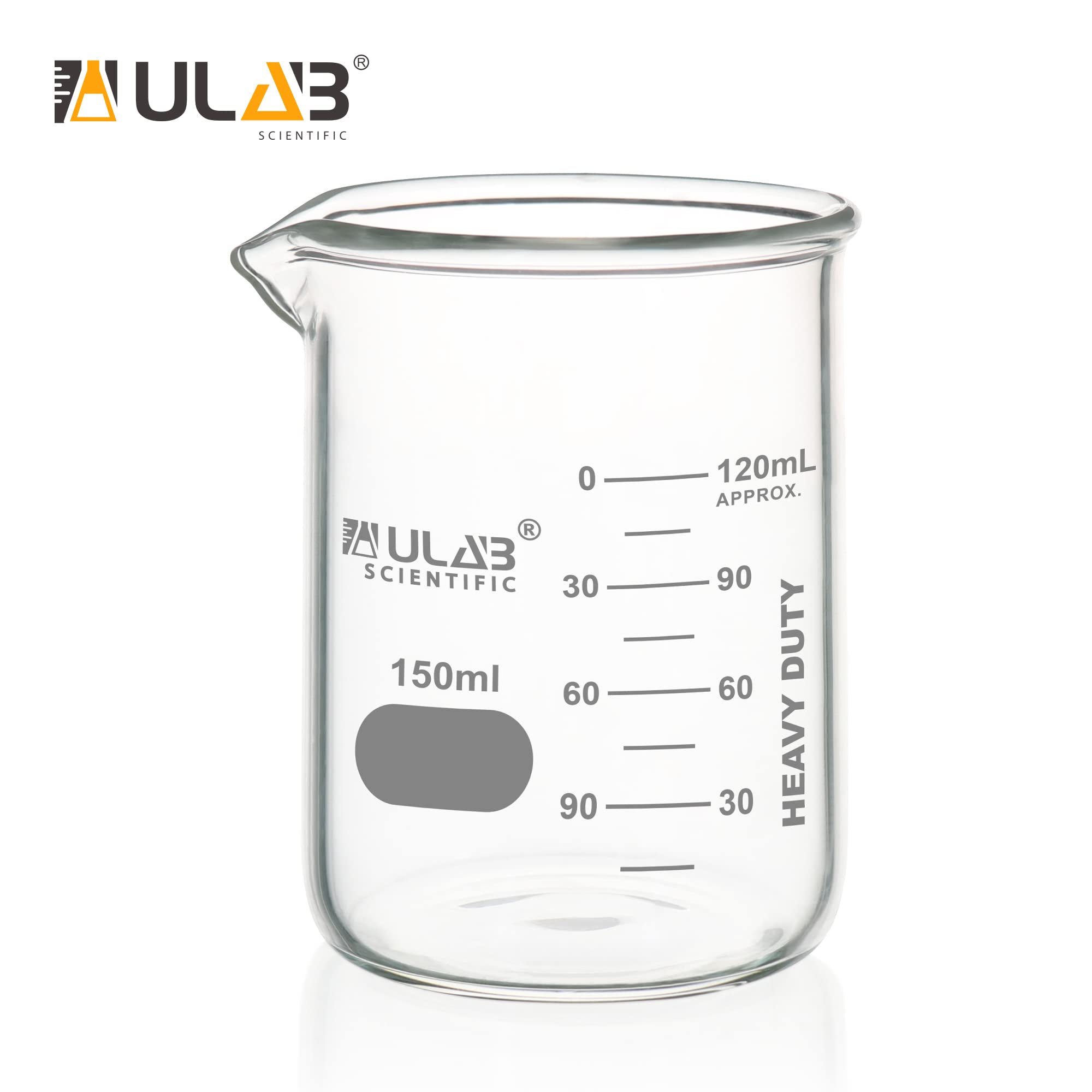 ULAB Heavy Duty Glas Becher, 6pcs von Vol.150ml(5.07oz), Borosilikat 3.3 Glas, dicke Wand Becher, mit doppelter Skala, Superior Durability & chemische Beständigkeit, UBG1052