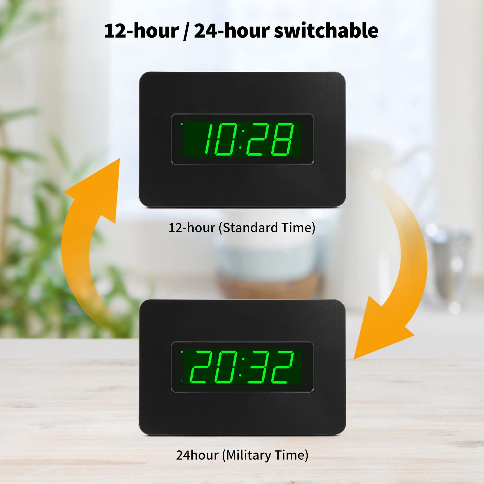 Horloge murale numérique à piles avec écran LED, rétroéclairage, support de table, alarme, luminosité réglable, 12/24 heures
