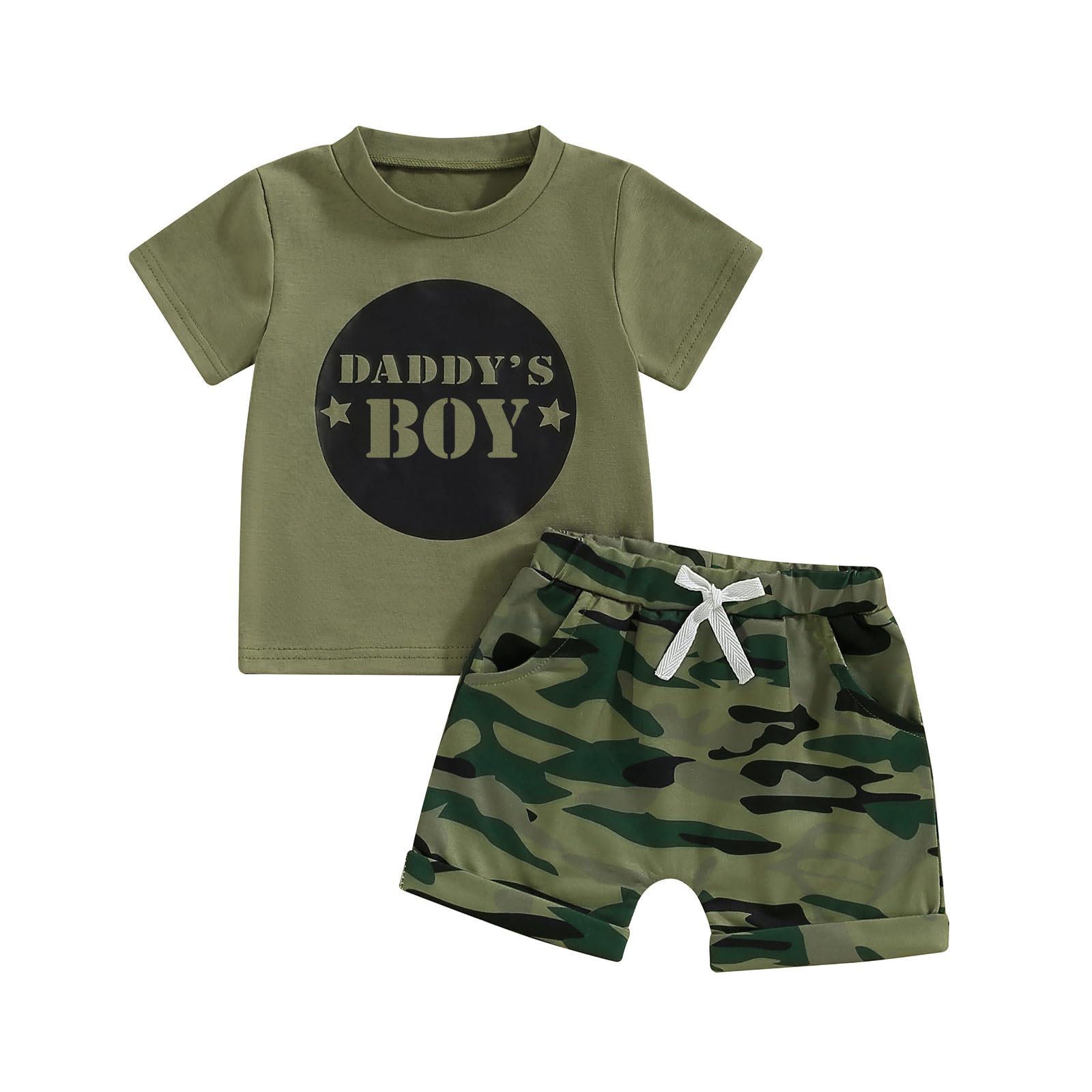 ZAXARRA Toddler Boys Summer Outfits Letter Print Short Sleeve T-shirt Elastic Casual Shorts Set for Infant (Army Green 1, 2-3 Years)