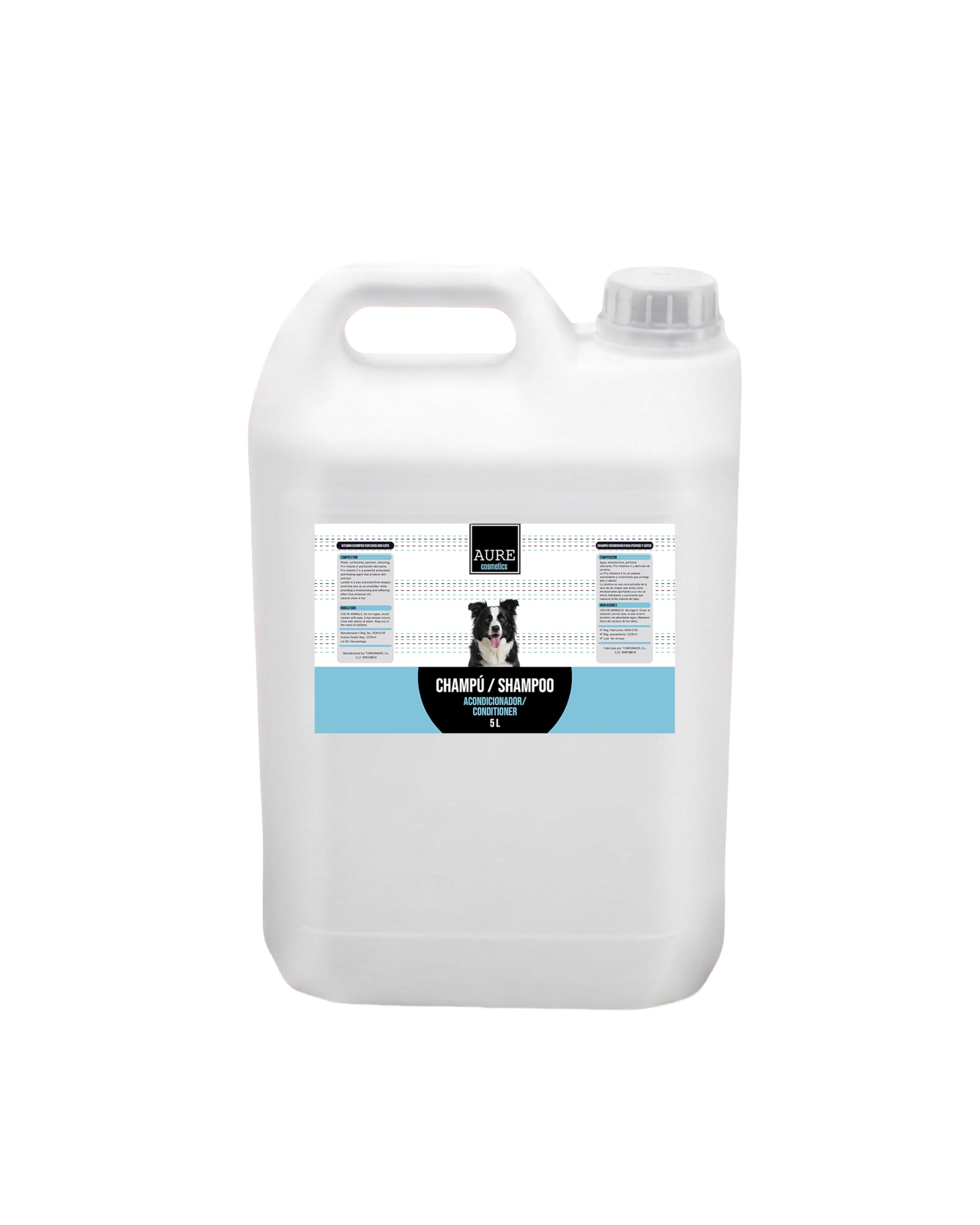 AURE - Champú Acondicionador para Perros y Gatos 5 L. Champu Perro 2 en 1 con Provitamina E, pH Neutro, Desenreda y Aporta Brillo. Champu gatos Uso Frecuente, Ideal para uso doméstico