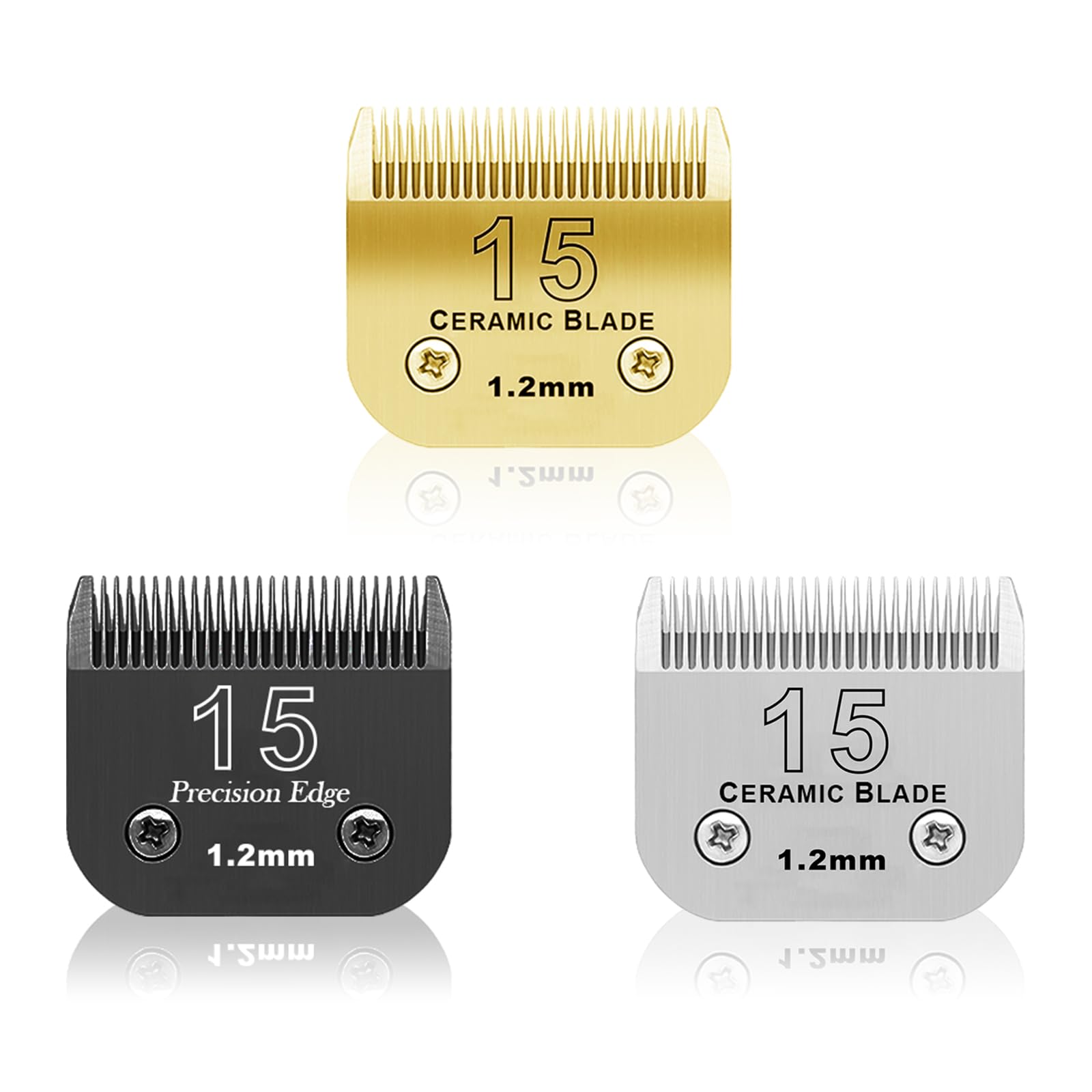 YAZIYIR 3 Color 15# Detachable Pet Dog Grooming Ceramic Blades,Compatible with Andis,Oster A5,Wahl KM-10 Series,Size #15 Blade 3/64-Inch 1.2MM Cut Length（Silver+Black+Golden）