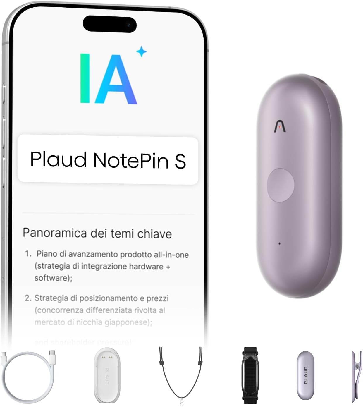 Plaud NotePin S Registratore Vocale AI Pulsante di Registrazione Tattile Audio Digitale Trascrizione Riepilogo Appunti Per Professionisti Riunioni Lezioni con 4 Accessori, Teams, Viola