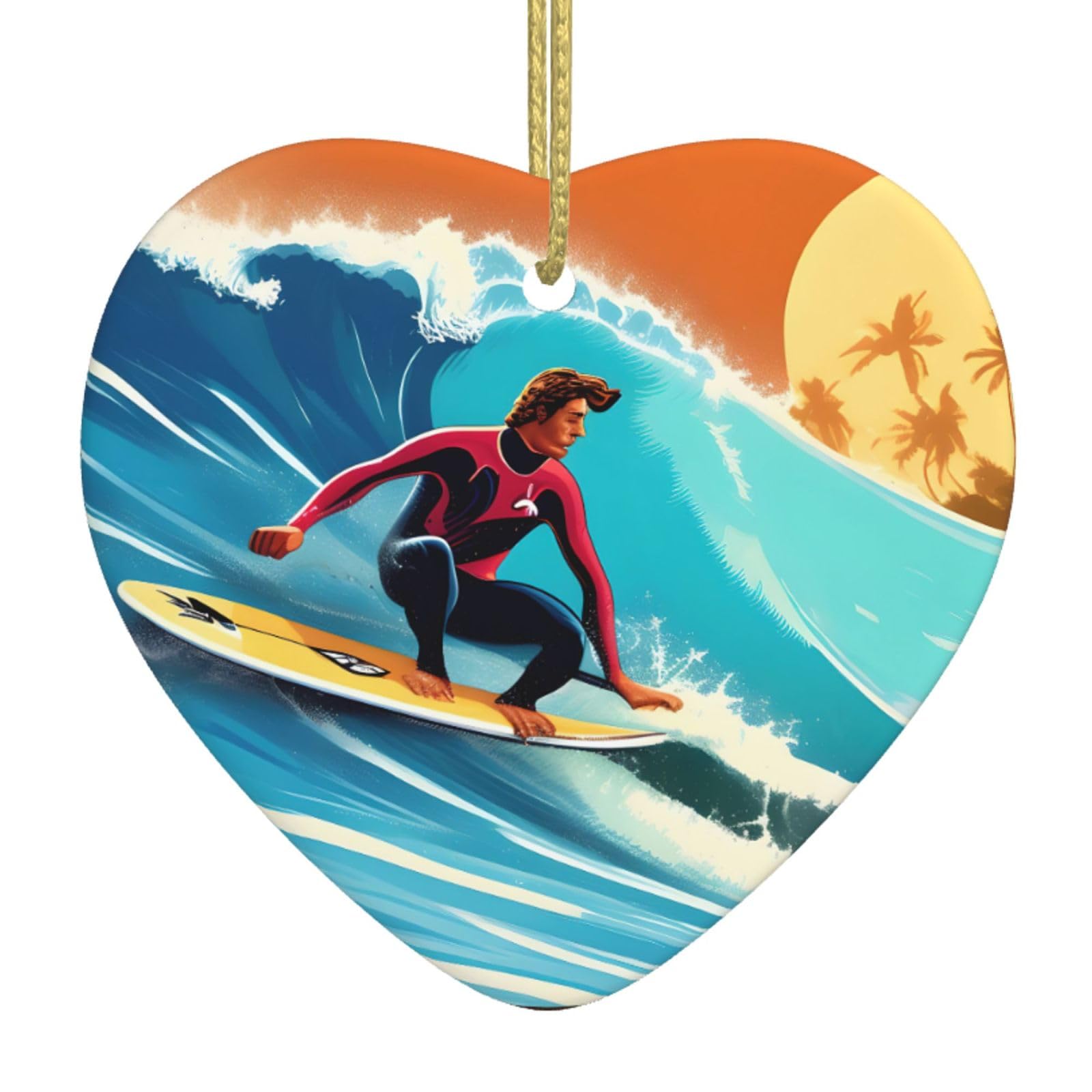 Nbtghga White Hawaiian Surfer On Wavy Print Print Christmas Ornaments, Ceramic Hanging Ornament, Xmas Tree Decoration, Holiday Home Decor