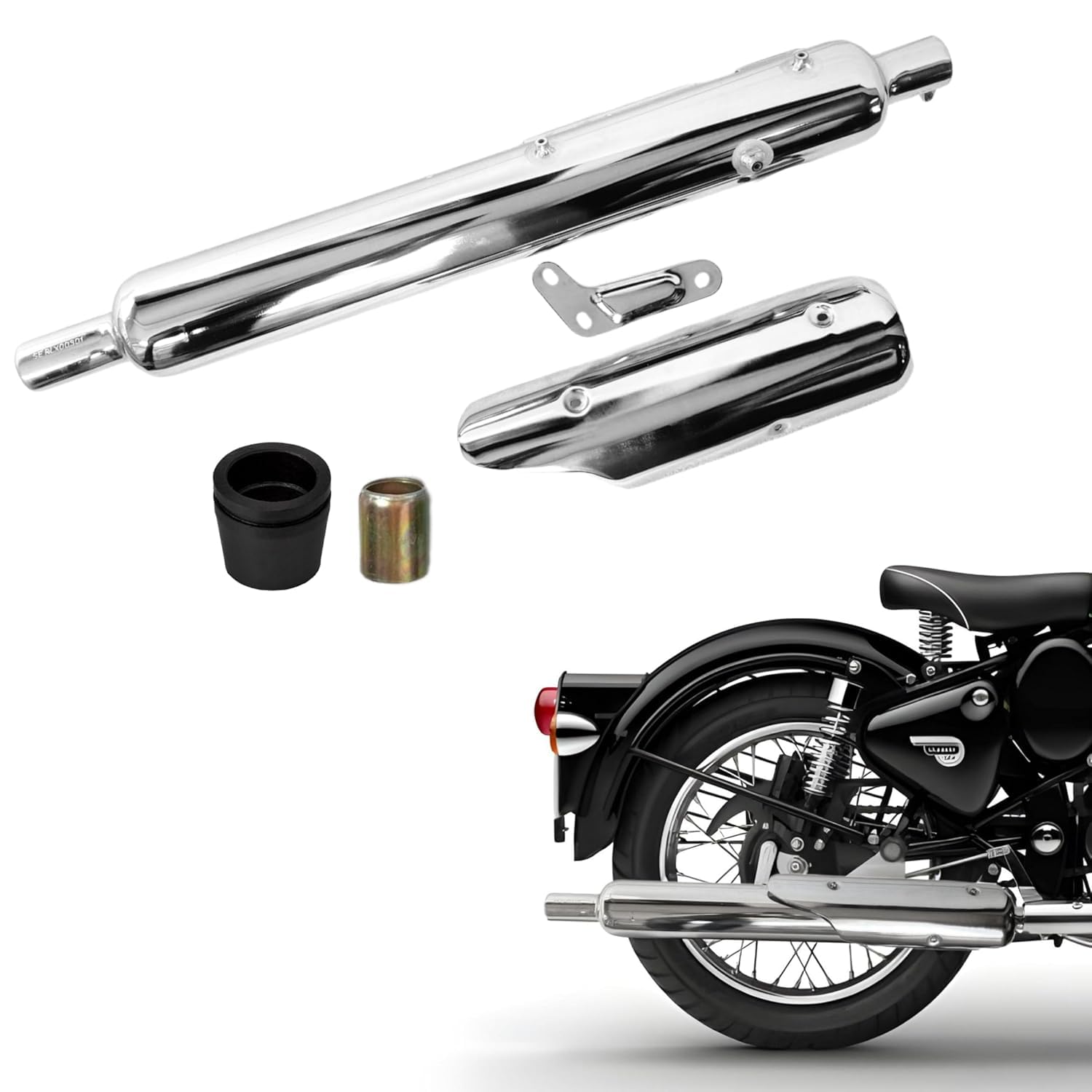 Stock Silencer Replica With Jaali For Royal Enfield Classic 350-500cc, Standard 350-500cc, Electra BS3/BS4, Look and Sounding Same as Stock Silencer (CHROME, BS3/4)