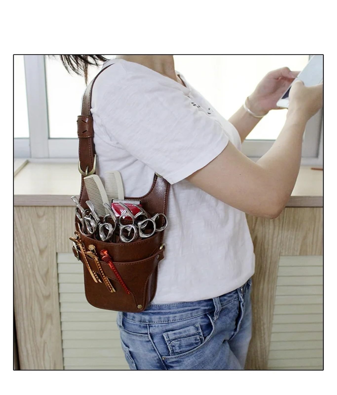 Friseurgürtel Haarscherentasche aus echtem Leder mit Clips, Friseurscheren-Holster, Beutelhalter, Etui mit Taillen-Schultergurt(Brown)