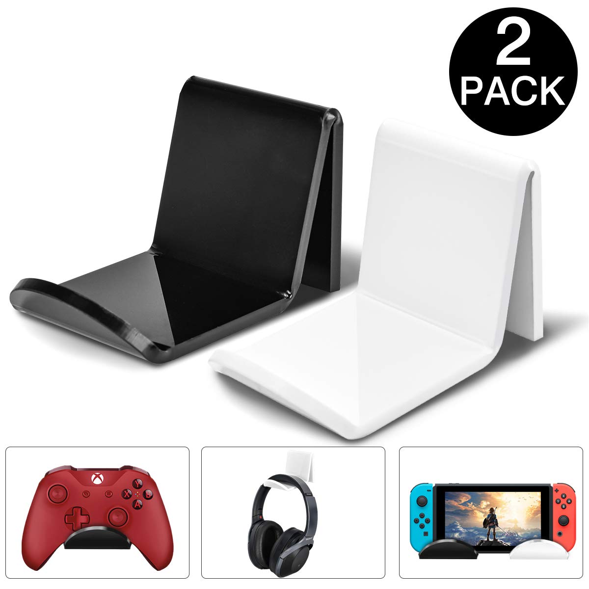 DLseego Game Controller Holder Stand Wall Mount(2 Pack) for Xbox/Xbox One / PS4 / Steam/Nintendo Switch Pro/PC Controller, Universal Gamepad Accessories with Cable Clips - Black+White