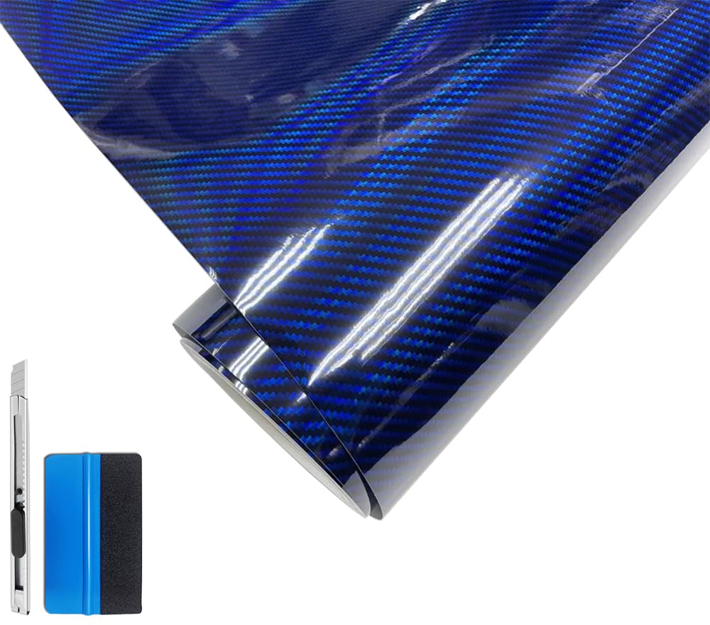 LZLRUN High Gloss Laser Rainbow Blue Carbon Fiber Vinyl Film Sticker DIY Self Adhesive Decals Car Covers Accessories Wrap Foil Sticker (50cm x 150cm)