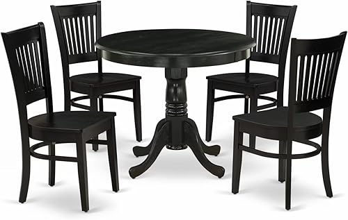 East West Furniture ANVA5-BLK-W - Juego de mesa de comedor moderno de 5 piezas, incluye una mesa de cocina redonda con pedestal y 4 sillas de