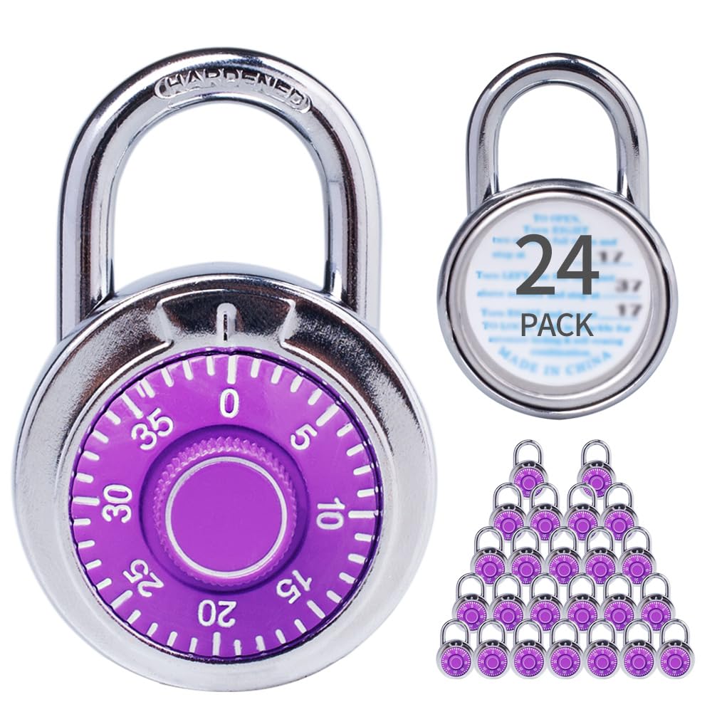 XanHen Combination Padlocks with Metal Body, Indoor Use for Gym Lockers & School Locker, ‌Purple, 24-Pack