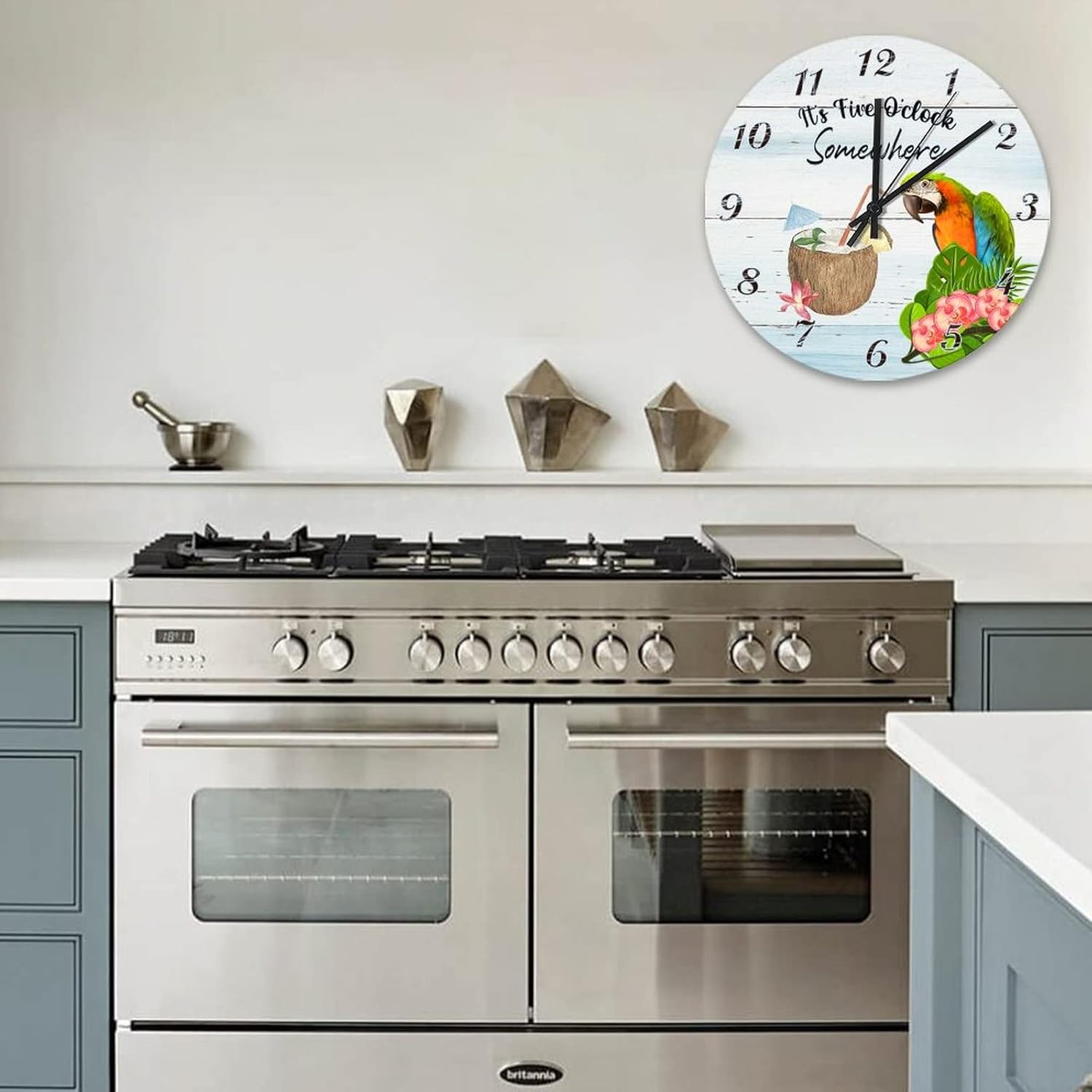 Wooden Clock It's 5 O'Clock Somewhere Parrot Indoor Clocks Quartz Movement Party Parrot Happy Hour Margarita Round Clock for Home Office School 15 Inch