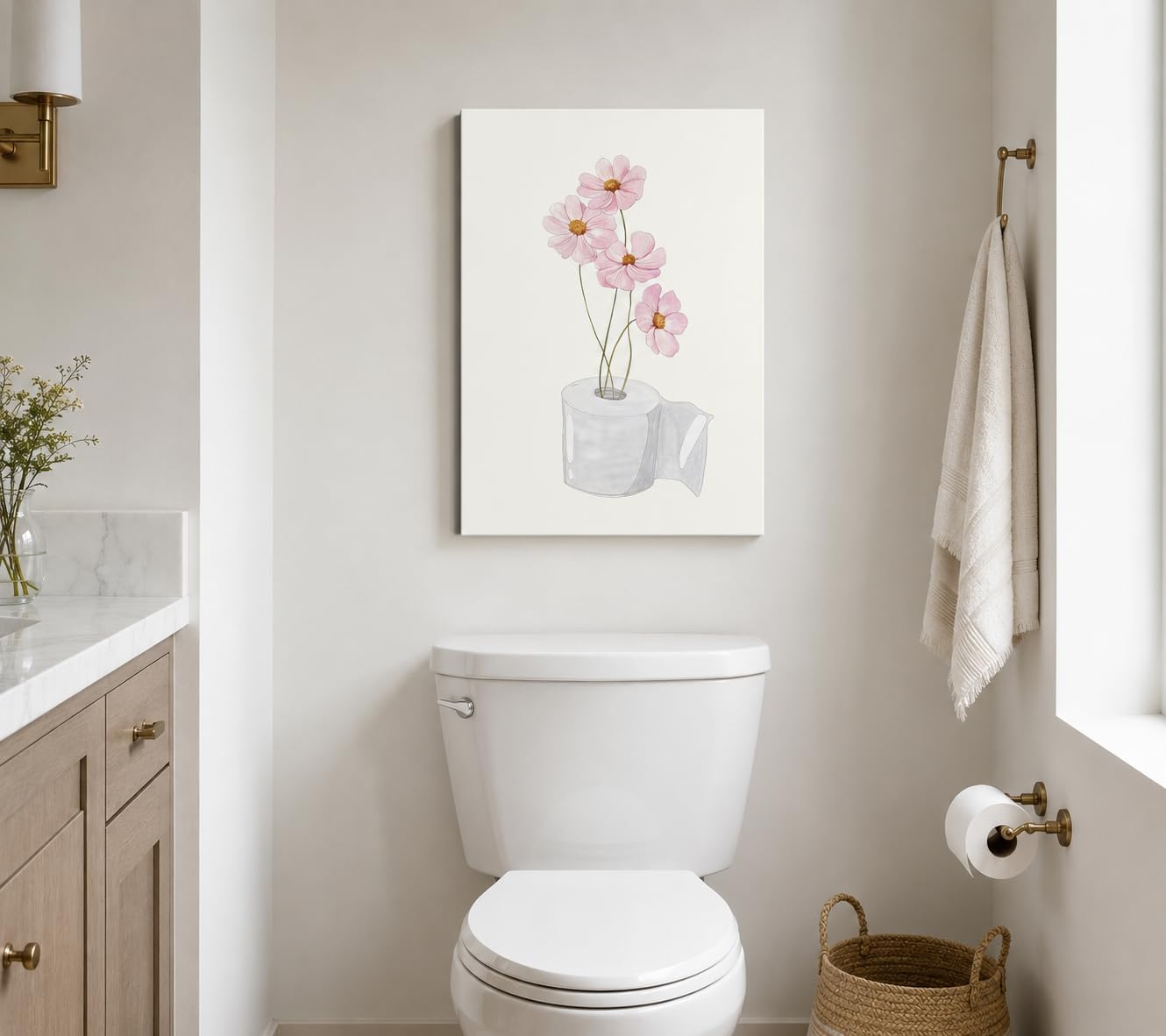 Framed Bathroom Canvas Wall Art Pink Floral and toilet paper 16x24 Decor image 2