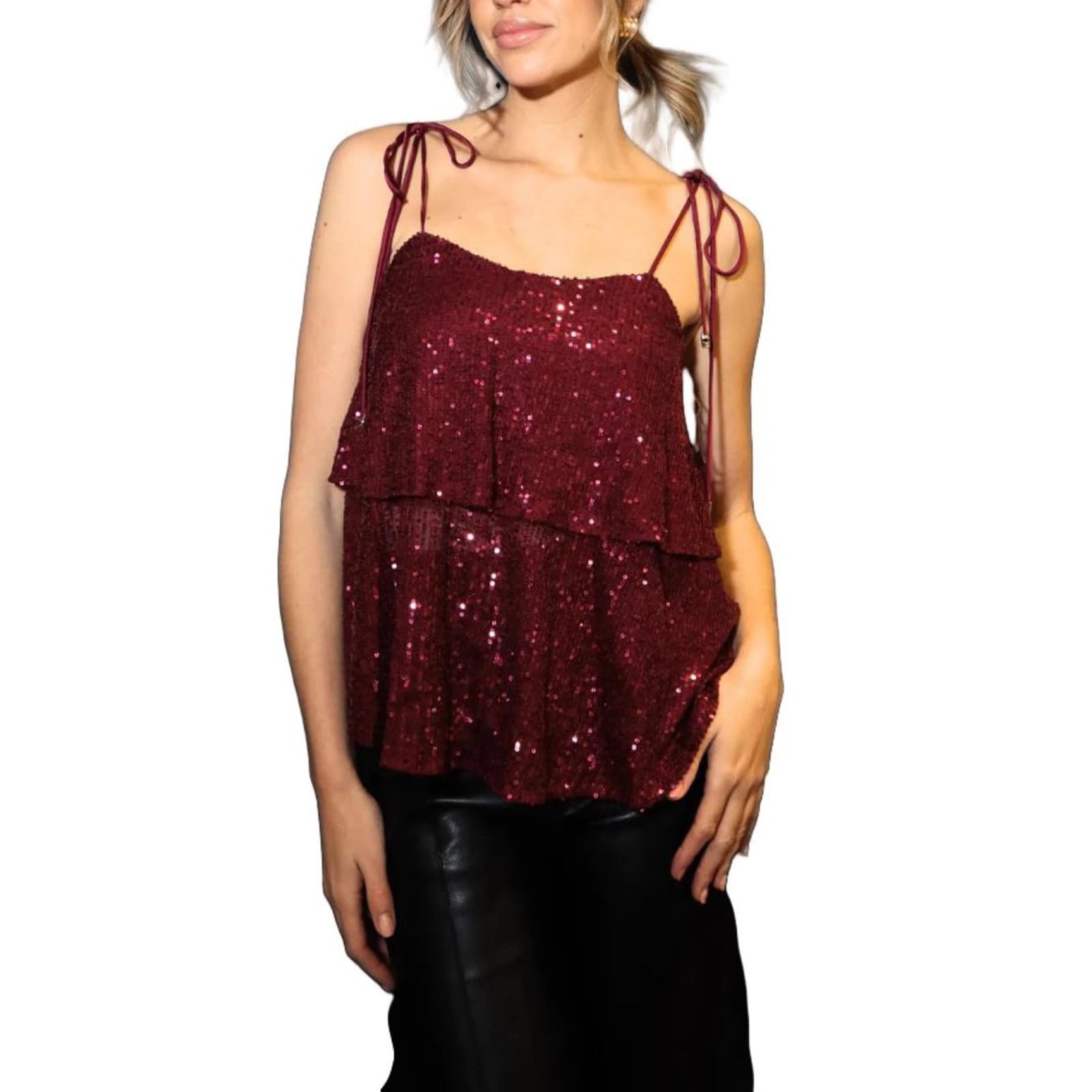 Hauts à Paillettes pour Femmes Débardeurs Décontractés à Lacets et Bretelles Spaghetti Superposés Hauts Sexy sans Manches pour Fêtes