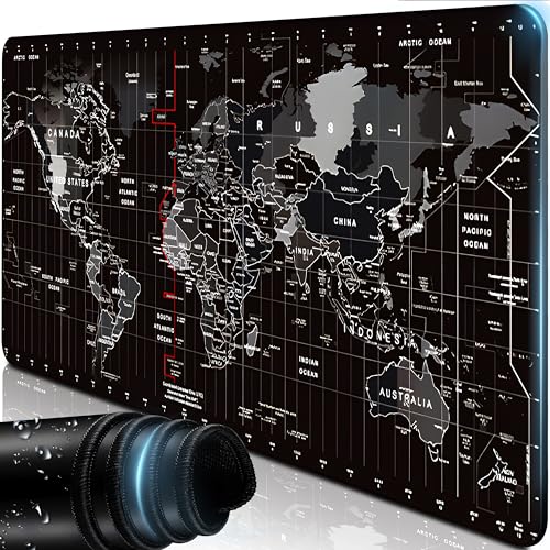 Retoo Alfombrilla de ratón para videojuegos con mapa del mundo 800 x 300 mm - Base de escritorio multifuncional y antideslizante gran tamaño XXL - Mejora la precisión y la velocidad negro