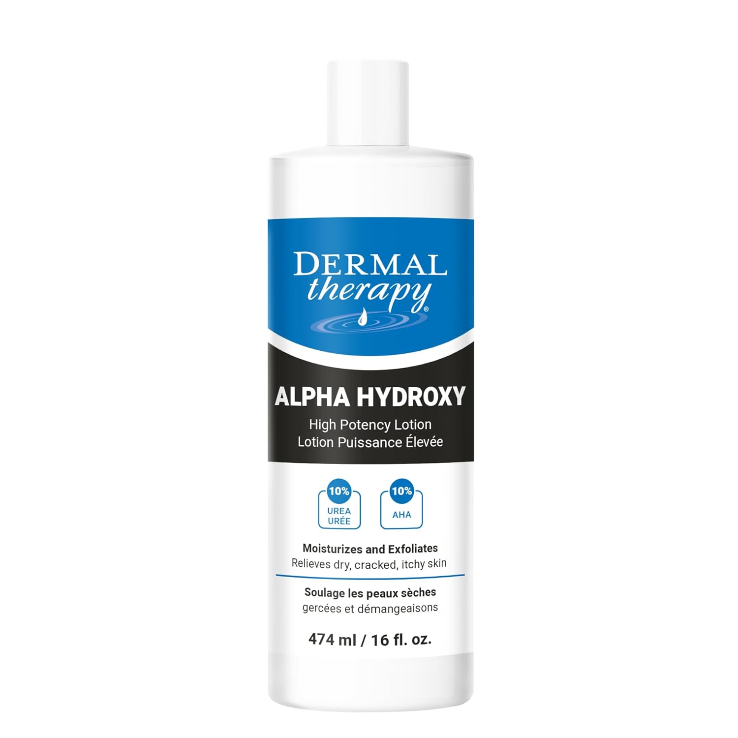 Dermal Therapy Alpha Hydroxy Lotion with 10% Lactic Acid & 10% Urea – Fragrance-Free Moisturizer for Dry Skin – 16 fl oz (474 ml)