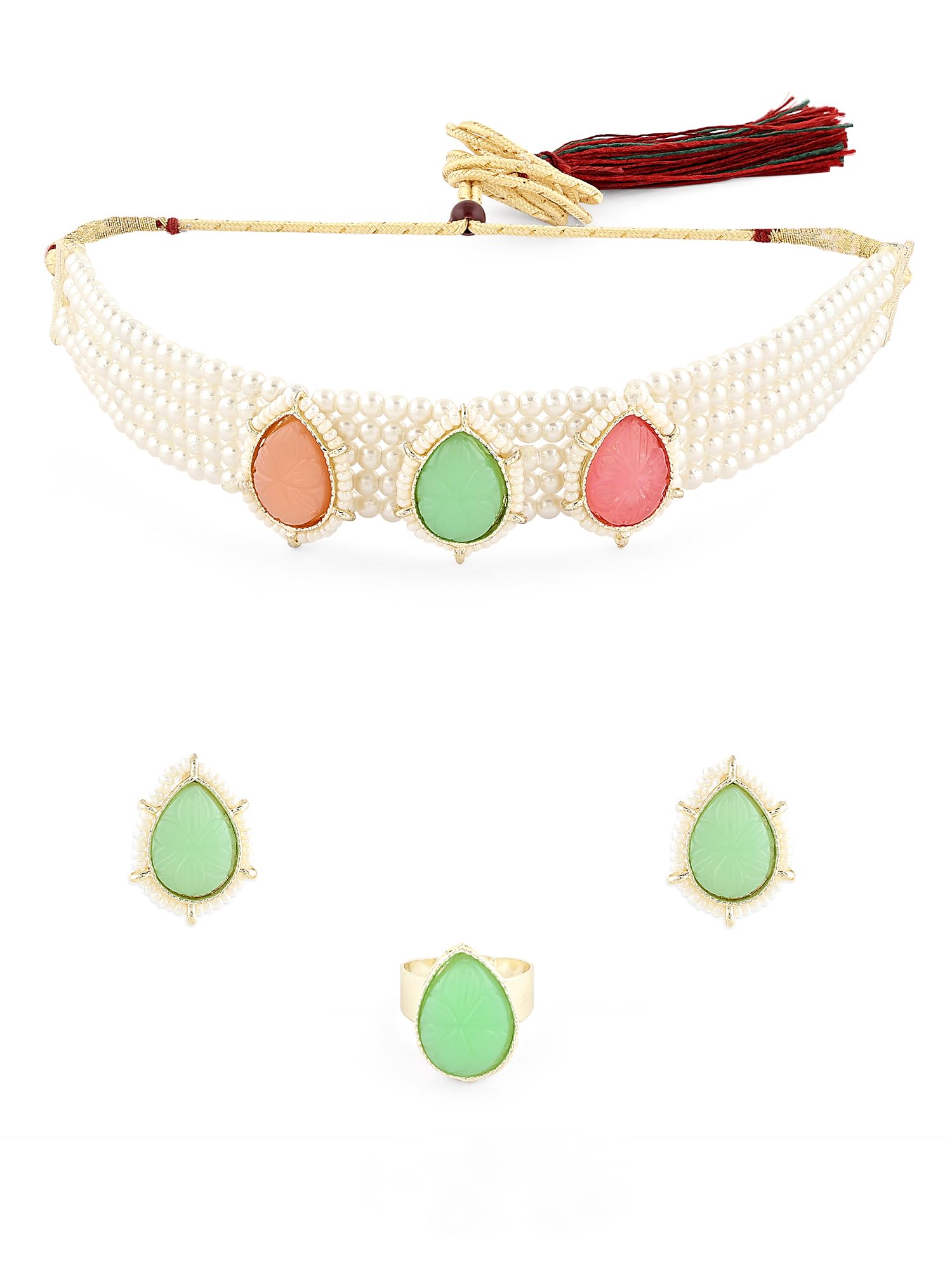 ZAVERI PEARLS Green Pink Stones Multistrand Pearls Choker Necklace Earring & Ring Set For Women-ZPFK16125 (B0C4TSH8N3) Amazon Price History, Amazon Price Tracker