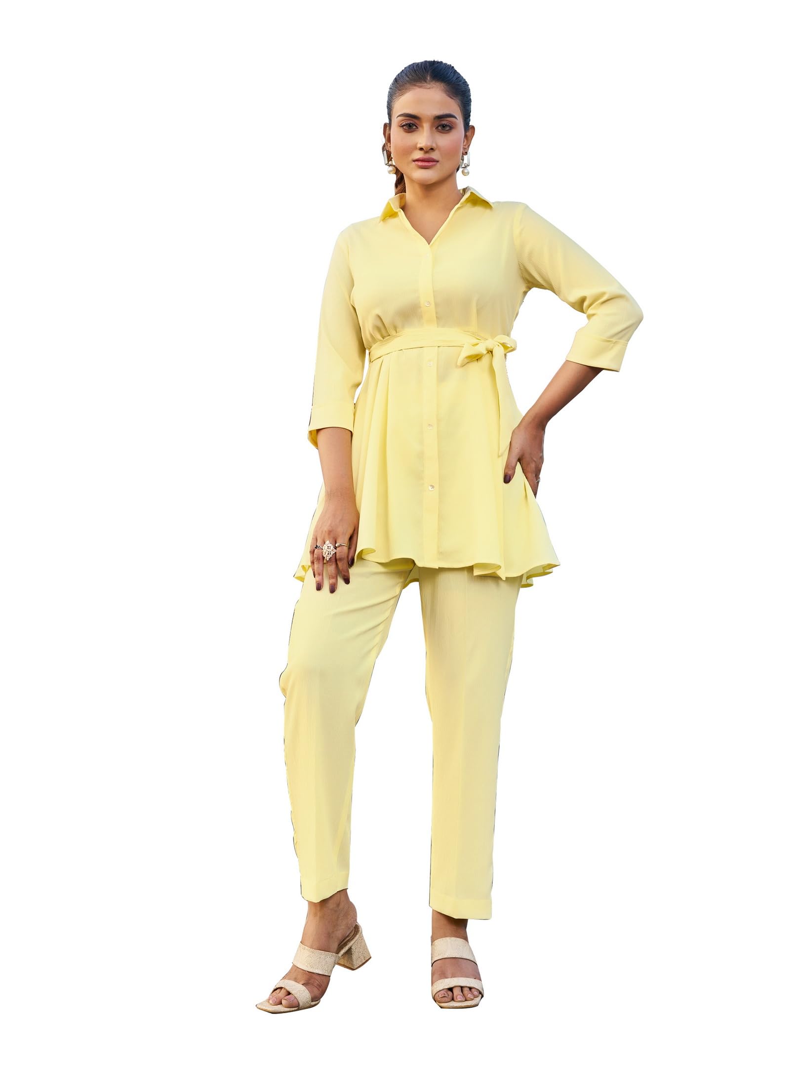 Women's Solid Silk Blend Yellow Top Trousers Co-Ords(VC_5058CO)-image-29
