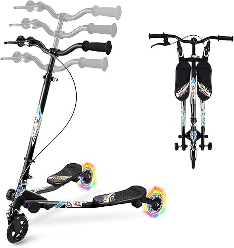 AODI Scooter plegable de 3 ruedas para niños, scooter plegable con ruedas LED ajustables y 2 ruedas traseras para niños y niñas de 3 a 8 años