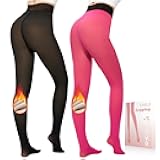 2 Pairs Black and Pink Large Plus Size Fleece Lined Tights Women, Warm Pantyhose leggings Women,Fake Translucent Thermal Skin Colored Tights for Winter
