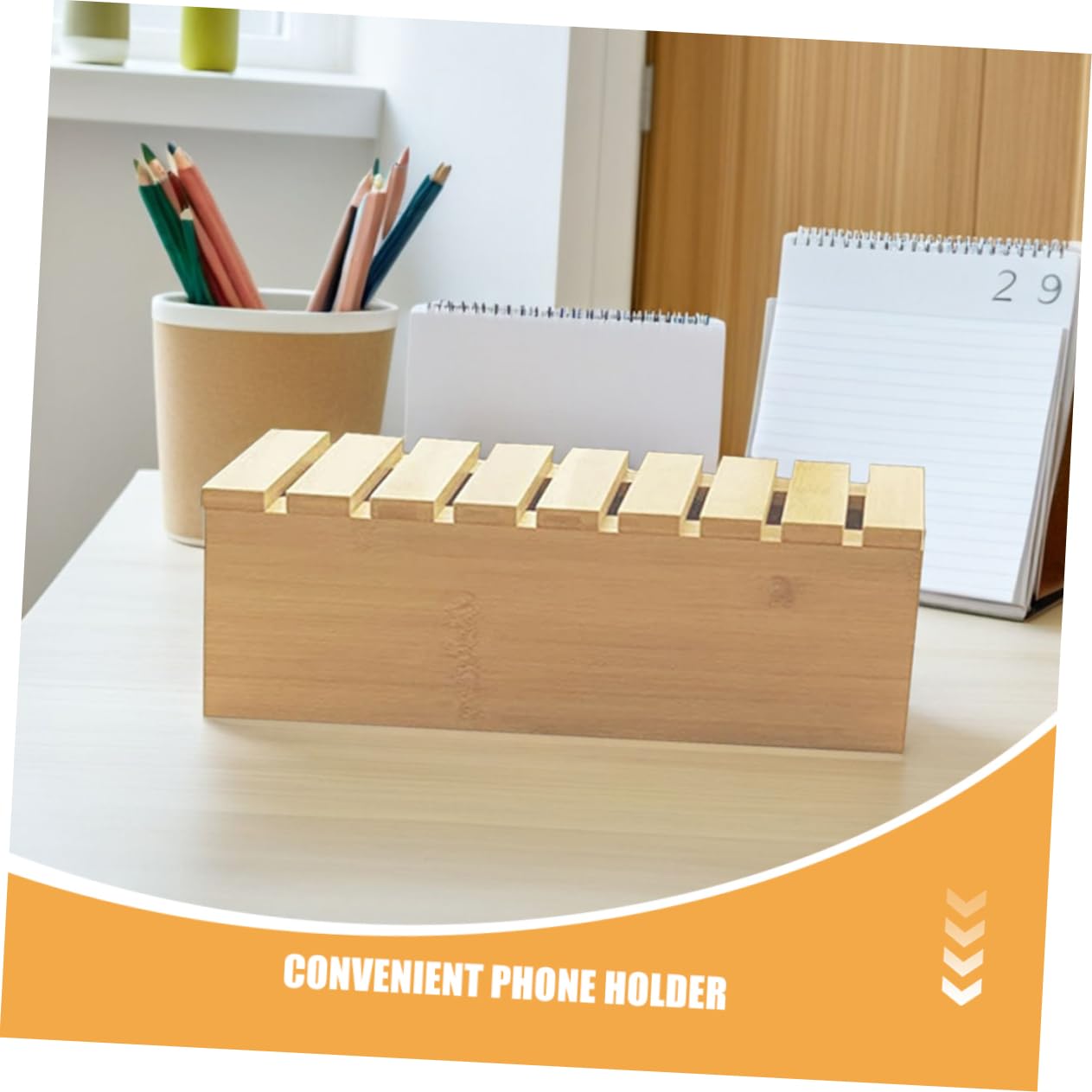 Organizer da Scrivania in Legno Beige con Supporto Telefono | Gestione Cavi Integrata, Scatola per Multipresa, Design Elegante per Ufficio e Studio Domestico
