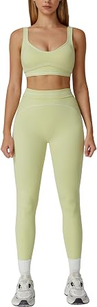 QBGJTD Womens Workout Set Two Piece U Back Color Block Sports Bra Matching High Waist Leggings Gym Work Pilates Outfits