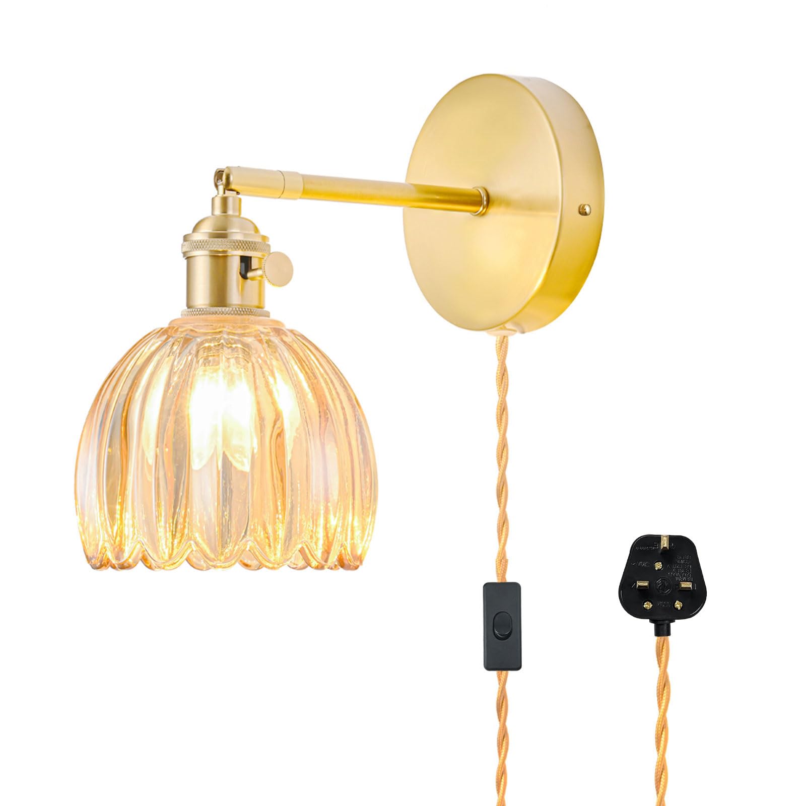 Plug in Wall Light, Vintage Wall Lights with Tulip Amber Glass Lampshade, 180° Adjustable Wall Light with Switch and Plug in Wall Lamp Cord, Wall Lights for Living Room, Light Bulb Not Included