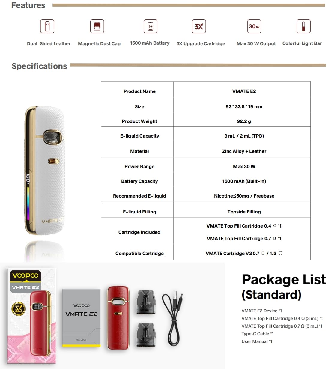VOOPOO VMATE E2 Kit | VMATE E 2 Mod 1500mAh Batterie 30W + 3ml Vmate Top Fill Cartouche 0.4ohm + 0.7ohm Vaporisateur | Sans nicotine (Vert Émeraude)