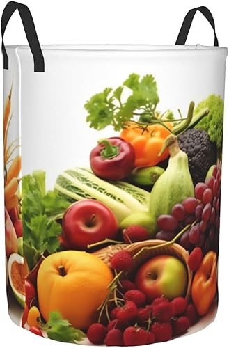 Miniatura 2 de Cesta circular con estampado de verduras y frutas, impermeable, cesta organizadora de ropa, con asas, para ropa, juguetes, tamaño mediano