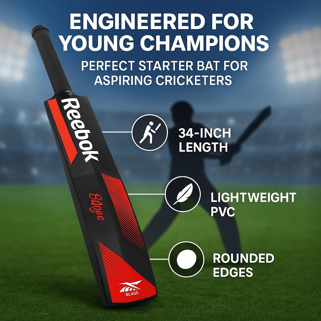 REEBOK Blaze Batte de cricket en plastique (86,4 x 11,4 cm) pour tous les groupes d'âge, batte de cricket en PVC/plastique de couleur rouge pour 15 ans et plus
