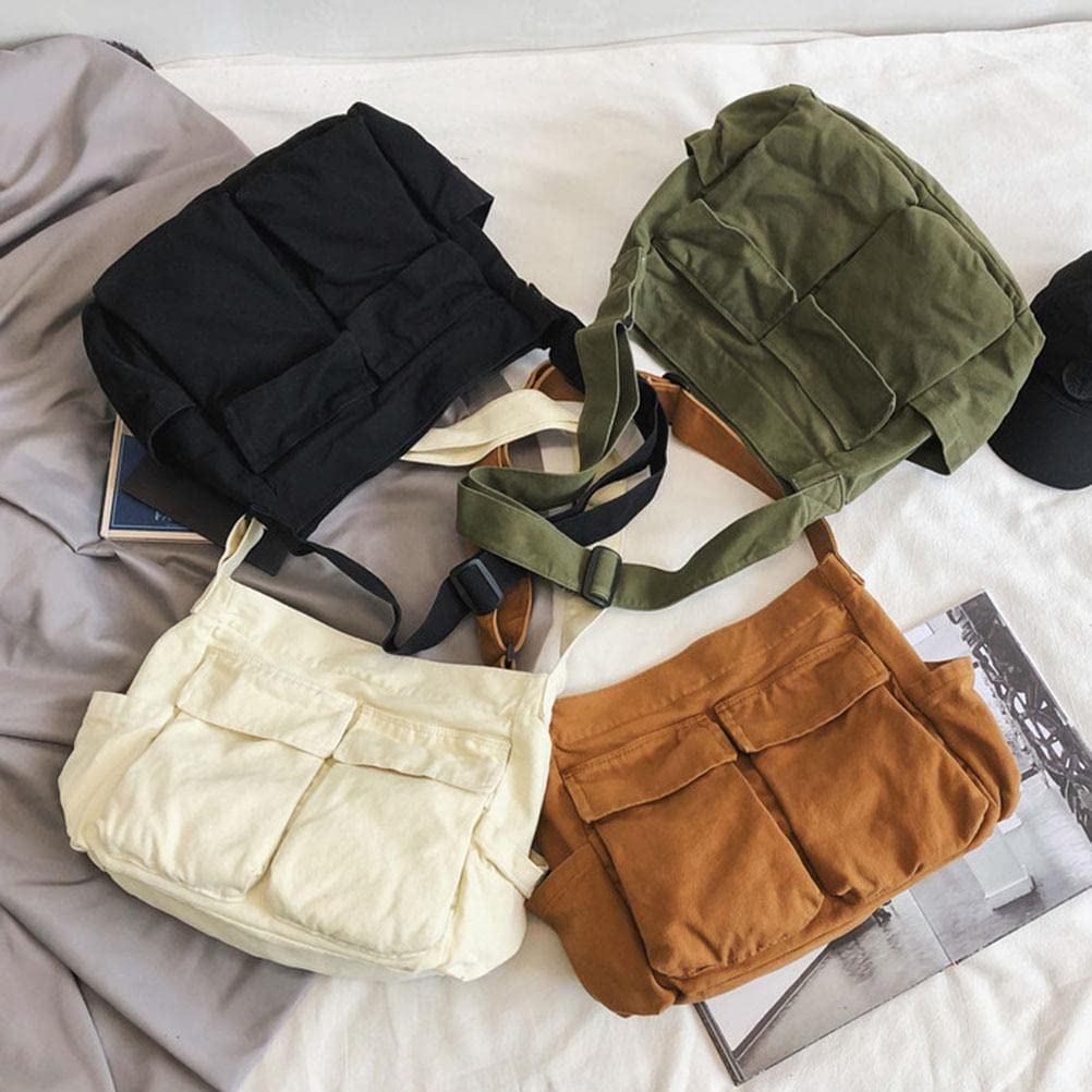 Bolso bandolera de lona de gran capacidad, bolsa de mensajero, bolsa de hombro de viaje con múltiples bolsillos, bolsas casuales de hombro para mujeres y hombres, White