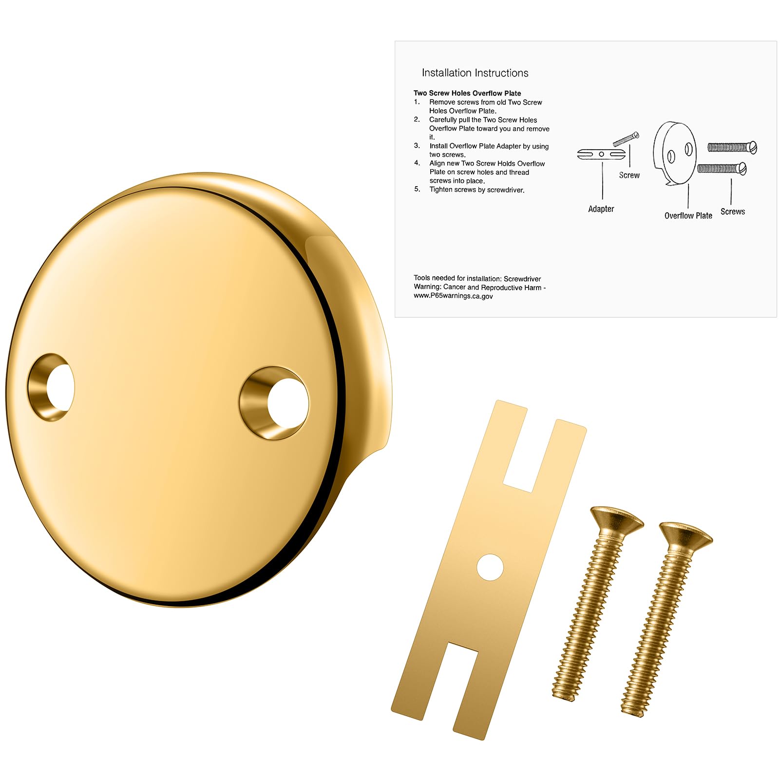Tub Overflow Plate - 2 Hole Replacement Bathtub Overflow Plate, Easy to Install Drain Overflow Cover | POLISHED BRASS