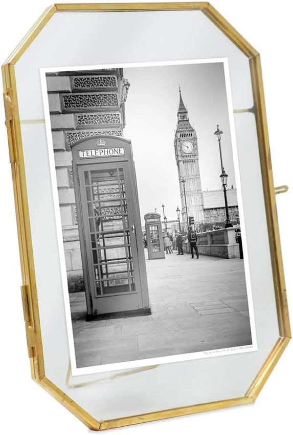 Isaac Jacobs 5x7 Vintage Style Octagon Brass & Glass, Metal Floating Picture Frame with Locket Closure (Vertical), Made for Tabletop Display, (Fits up to a cutout 5” x 7” - See images for other sizes)
