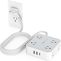 Vista 16 de TESSAN Cable de extensión de enchufe plano de 10 pies con múltiples tomas, regleta protectora de sobretensiones con 3 USB (1 USB C) 8 tomas