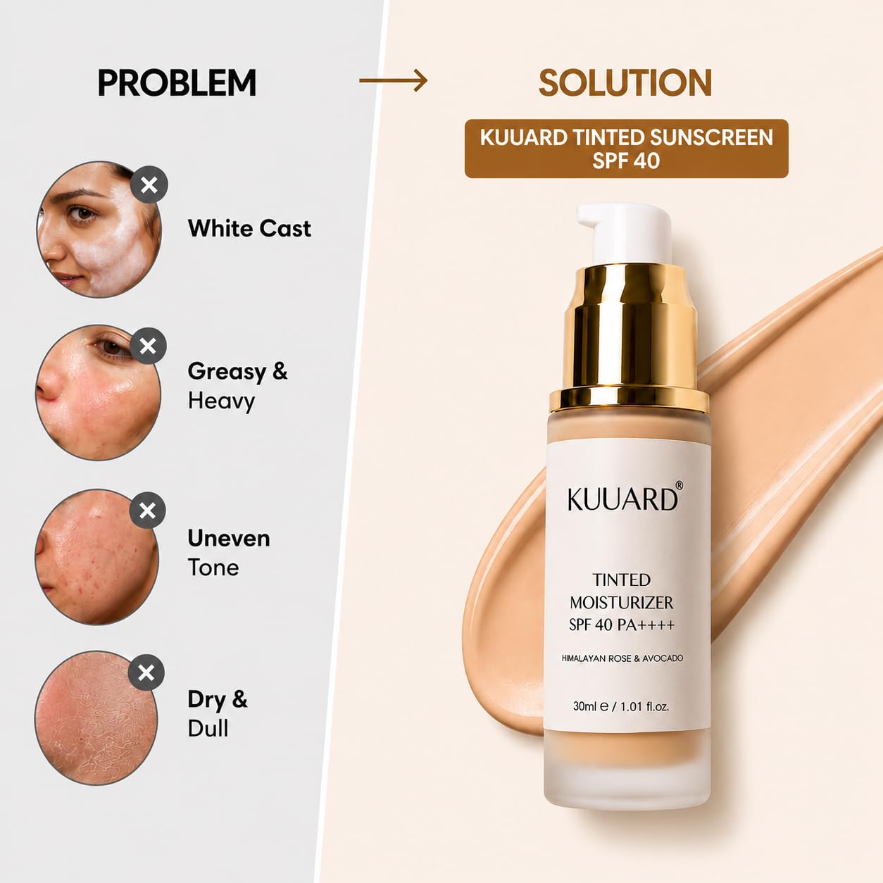 Kuuard Glow Tinted Sunscreen Moisturizer SPF 40++ With New-Age UV Filters, Brightens & Protects Skin, Ultra-light, Blends Easily, With Niacinamide, Natural Finish, Non-Sticky | Universal Shade | 30ml 1