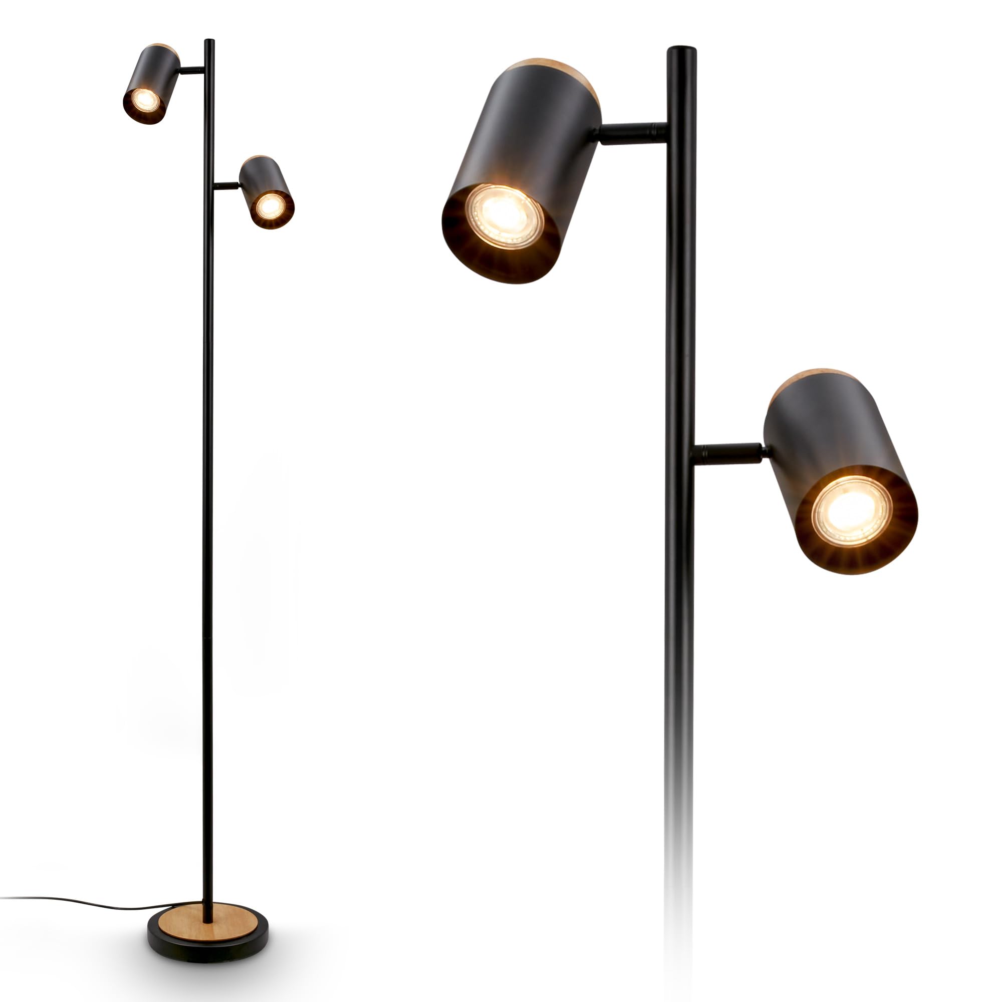 BRILONER - Lampada da terra con interruttore a cavo, faretti orientabili, 2x attacco GU10, piantana lampada da terra, lampada da terra salotto, lampada soggiorno da terra, 26x26x159,5 cm, nero-legno