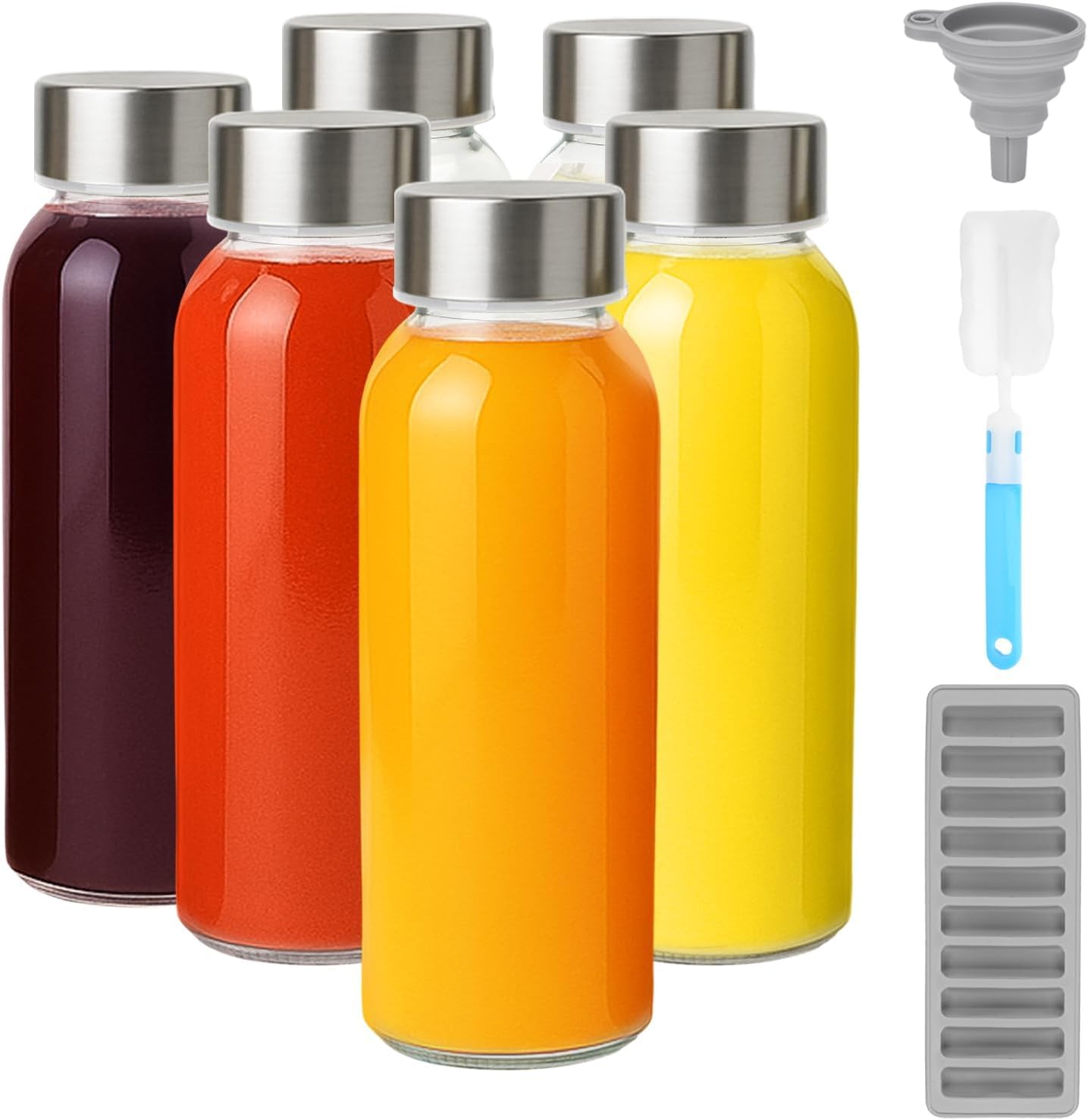 ZhouZGlass Glass Juice Bottles with Lids for Juicing 300ml, Reusable Clear Glass Water Bottles with Stainless Steel Airtight Cap for Refrigerator, 100% Leak Proof, BPA Free, Set of 6