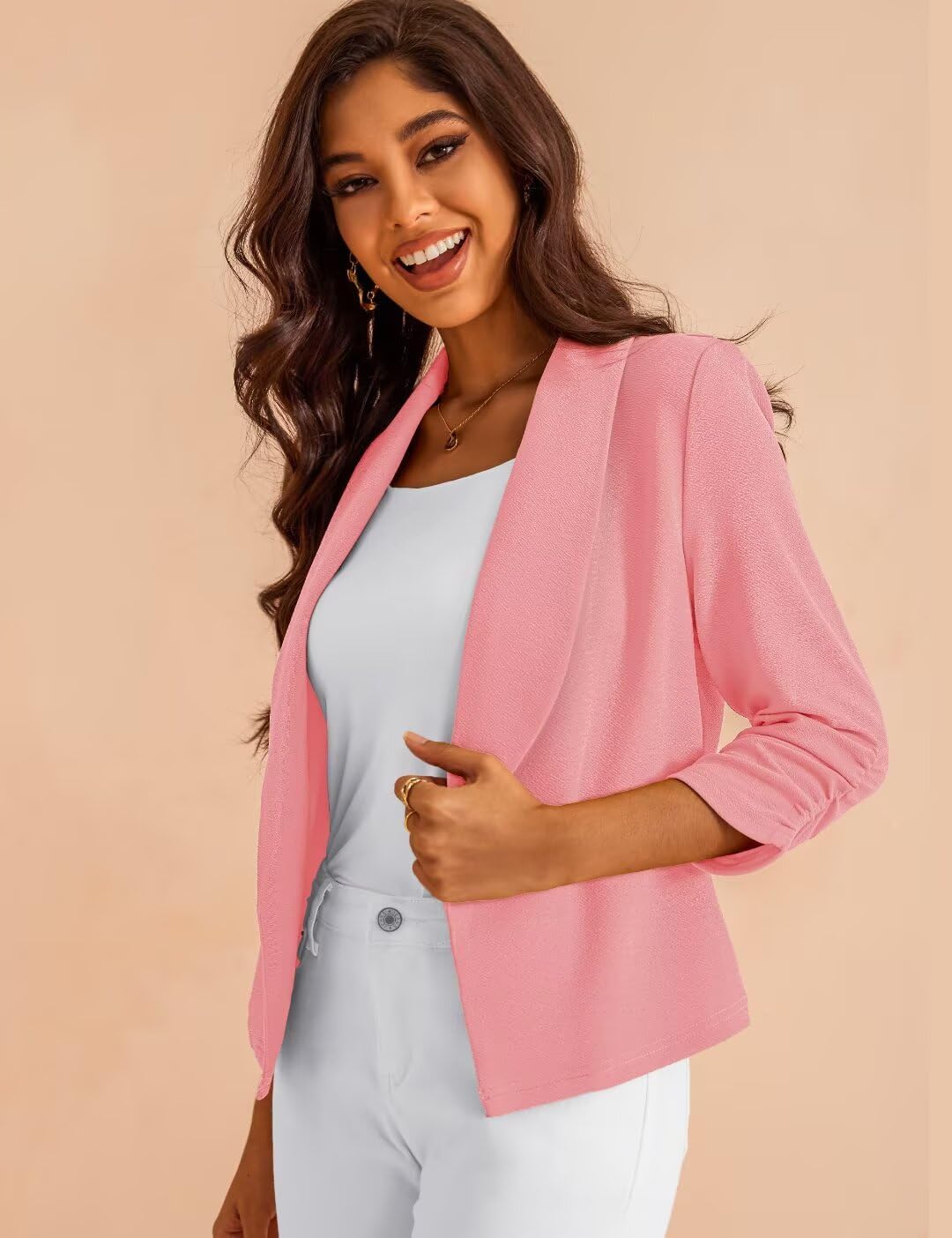 Women's 3/4 Sleeve Cropped Blazer Lightweight Open Front Cardigan Jacket for Business Causal S-XL