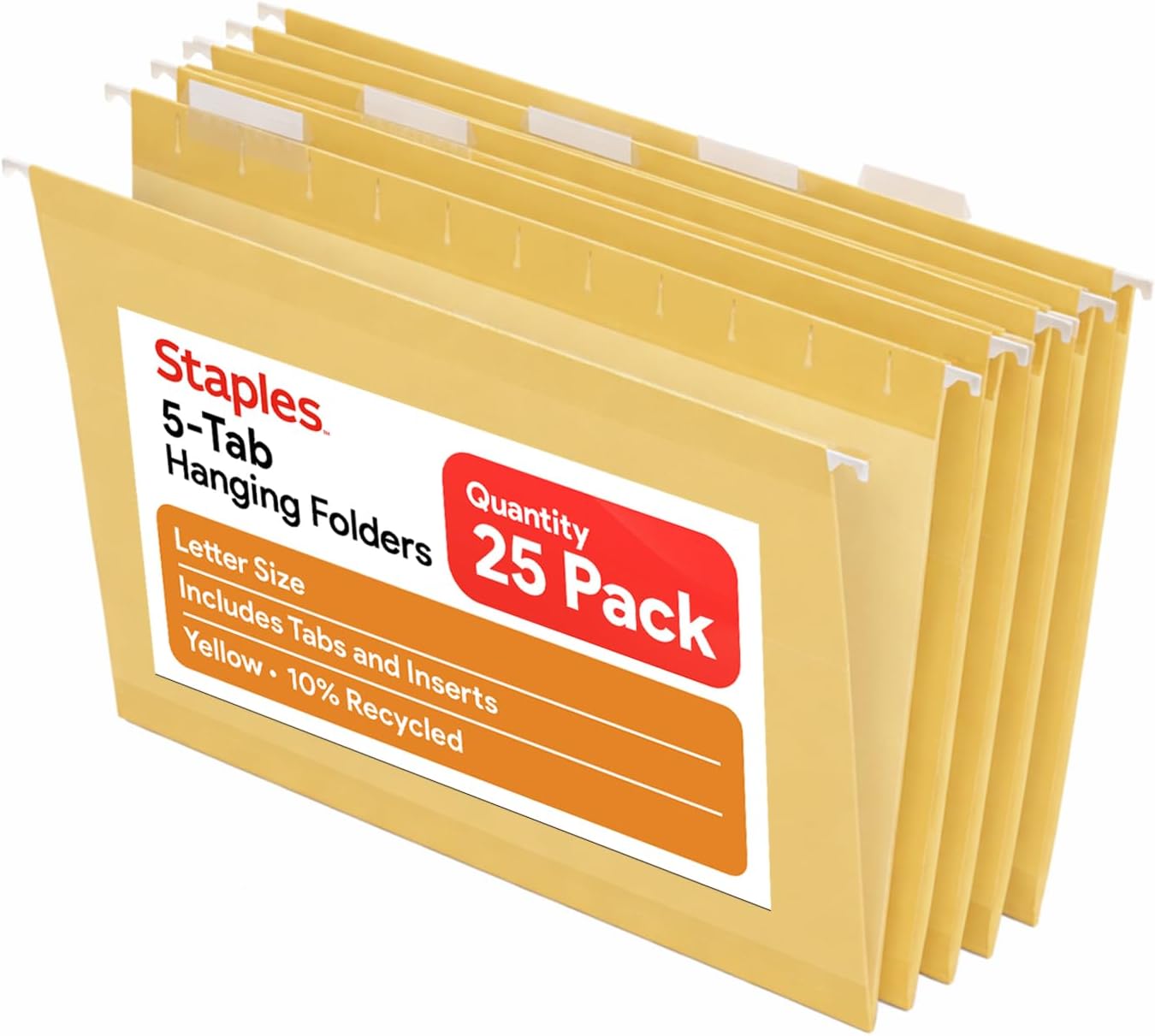 Staples Hanging File Folders, Letter Size, Yellow, 5‑Tab, Durable Construction – 25/Box