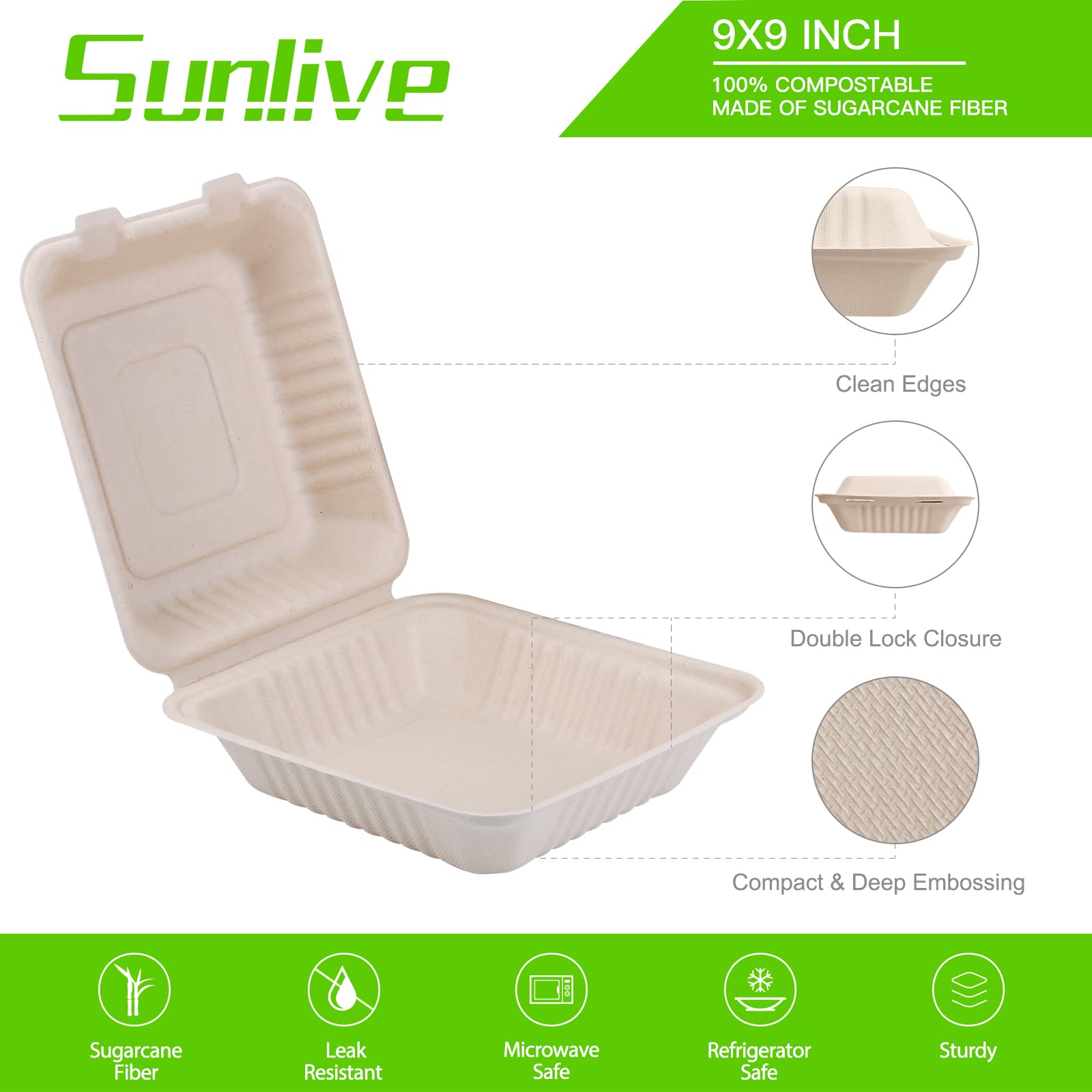 Take Out Containers To Go Boxes 50-Pack 9x9 Compostable Clamshell ...