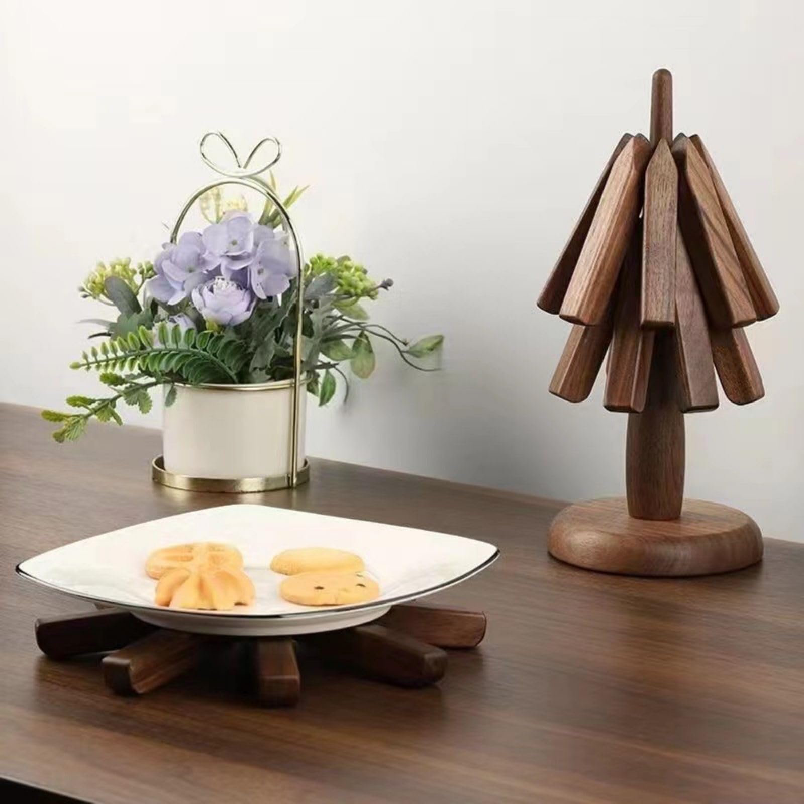 Dessous de plat arbre pliable design – Set bois de noyer – Antidérapant & résistant à la chaleur – Idéal salon, cuisine, bureau – Support théière multifonction – Accessoire maison décoratif