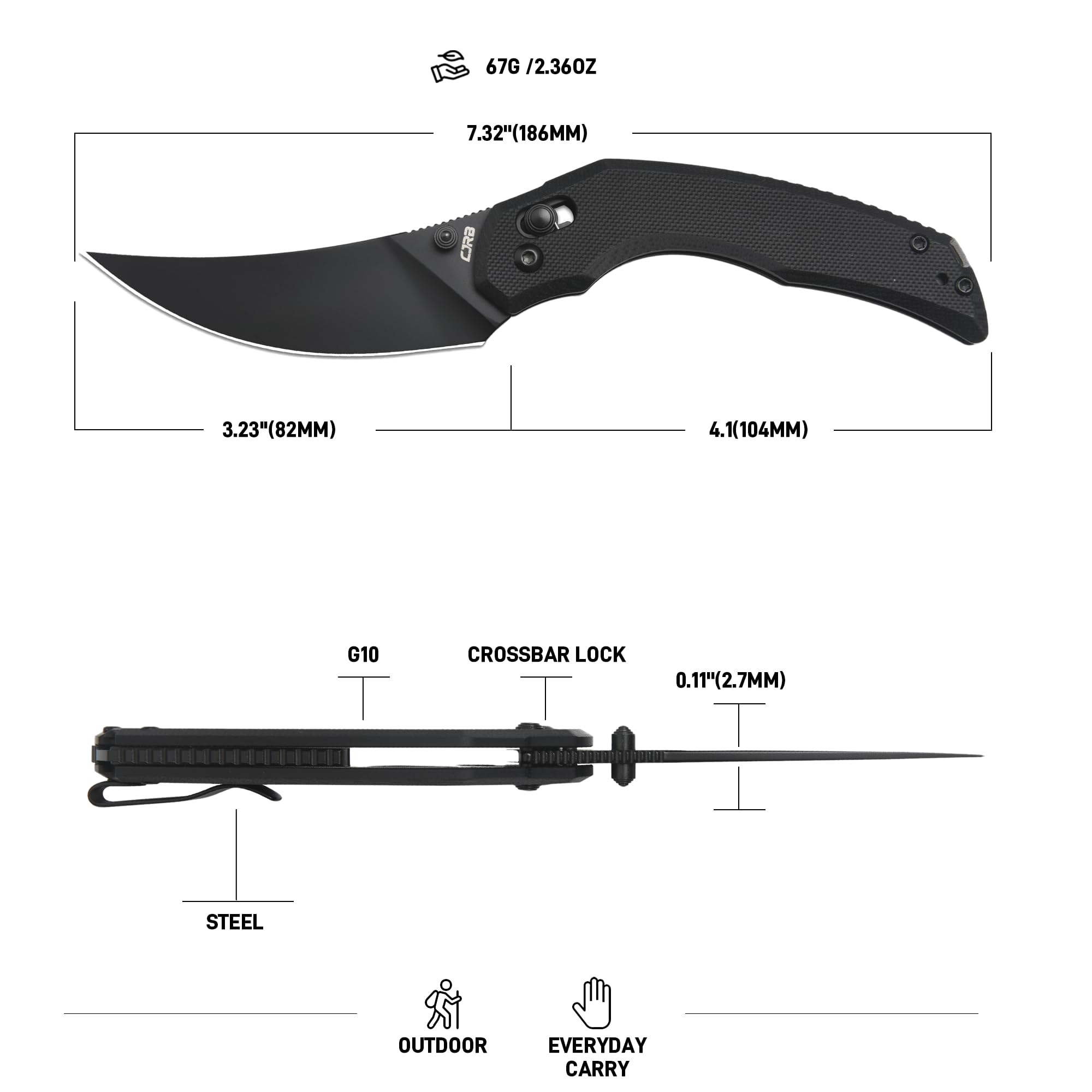 CJRB Nanner Taschenmesser mit 3,23" AR-RPM9 Stahlklinge, EDC Klappmesser mit G10 Griffschalen für Damen & Herren Camping Wandern, Design von Dustin Rhodes (J1955)