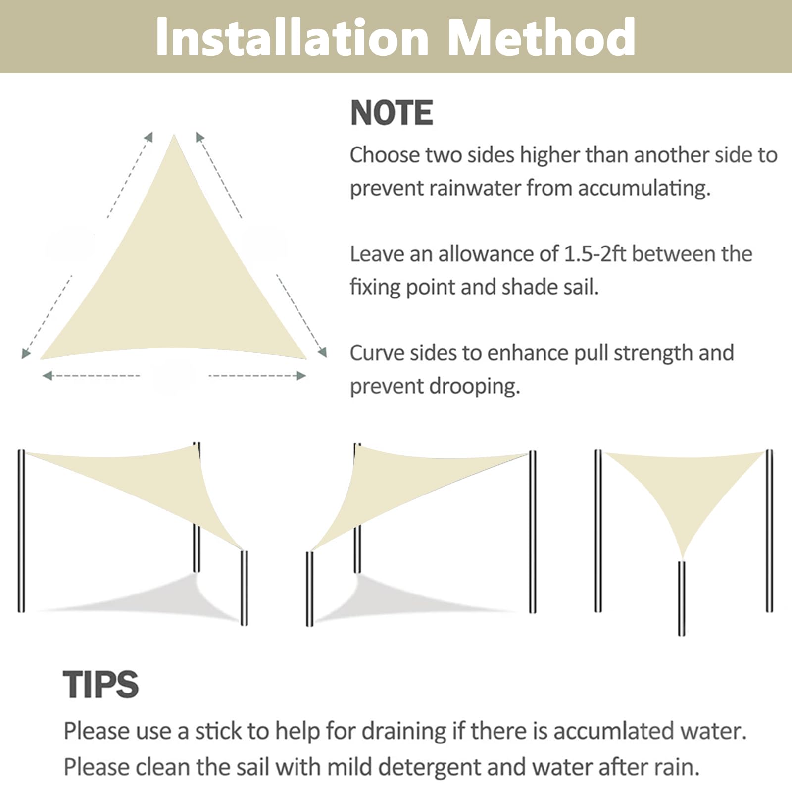 FAMKEEP Voile d'ombrage triangulaire 3 x 3 x 3 m, protection UV, pour jardin, balcon, terrasse, camping, résistant aux intempéries, avec cordes de fixation, couleur crème